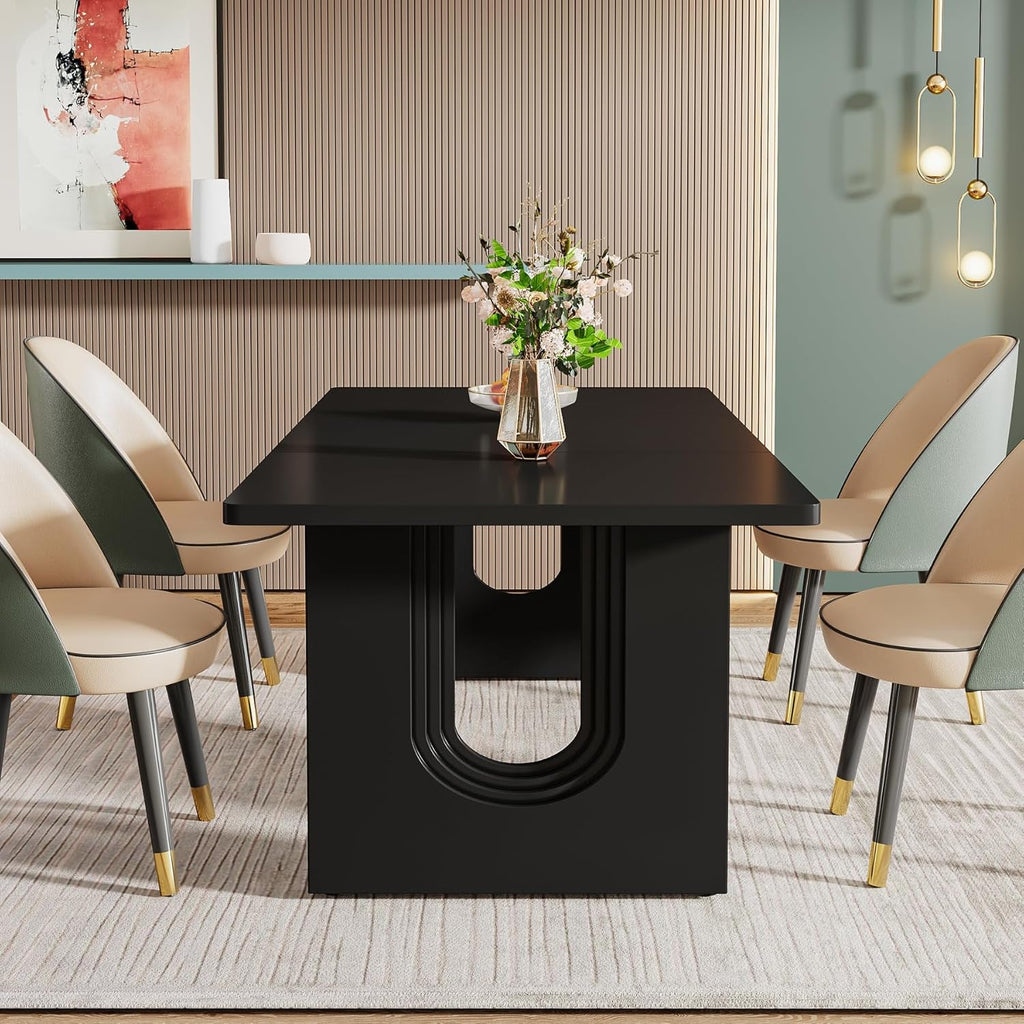 Black 71 Inch Dining Table For Six With Wood Pedestal