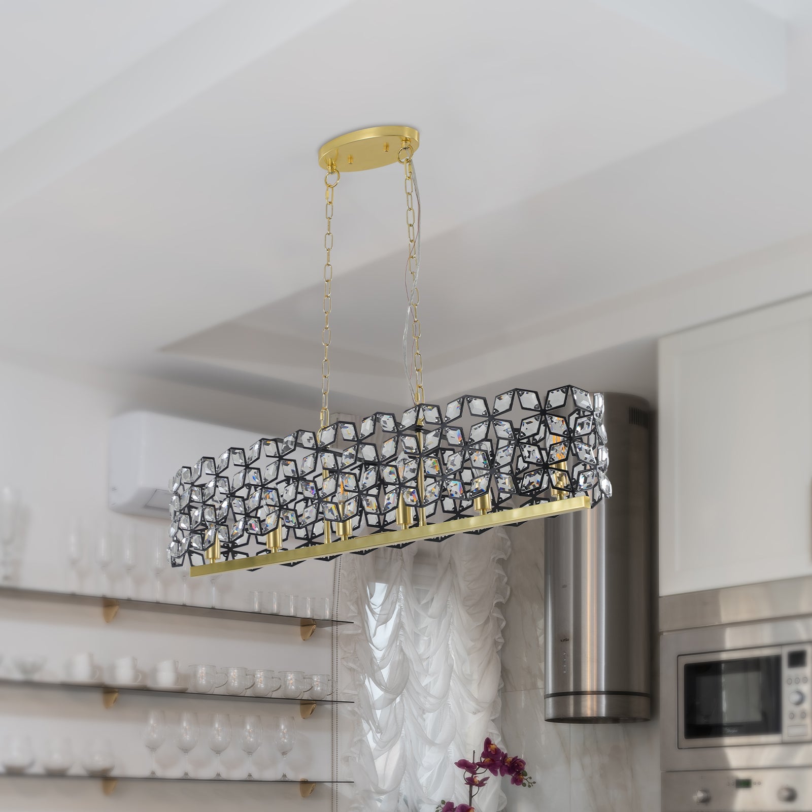 Chandelier Crystal Black Gold Geometric Modern Pendant 39 In