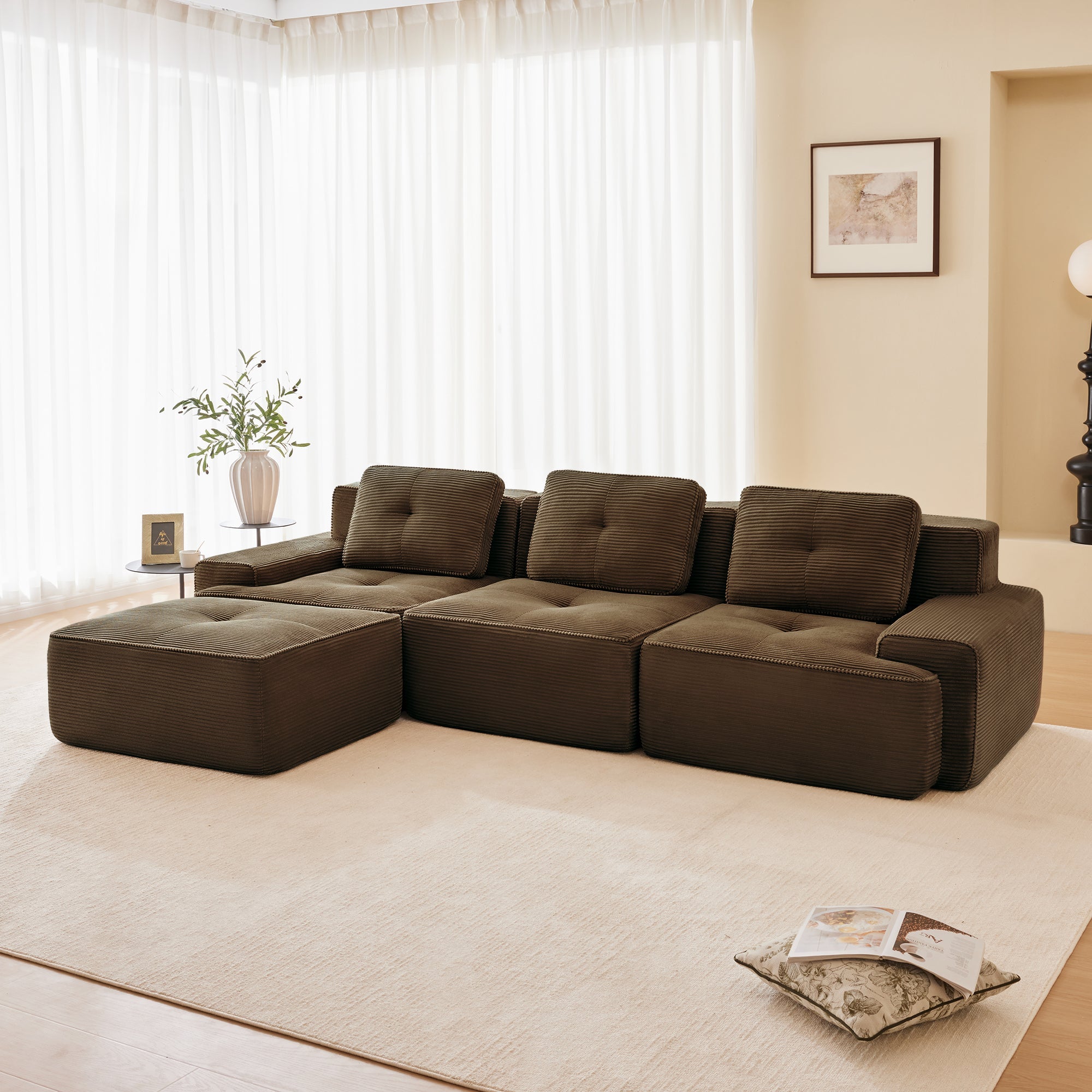 Sectional Sofa L-Shape Corduroy Brown 3 Seat Modular with Ottoman