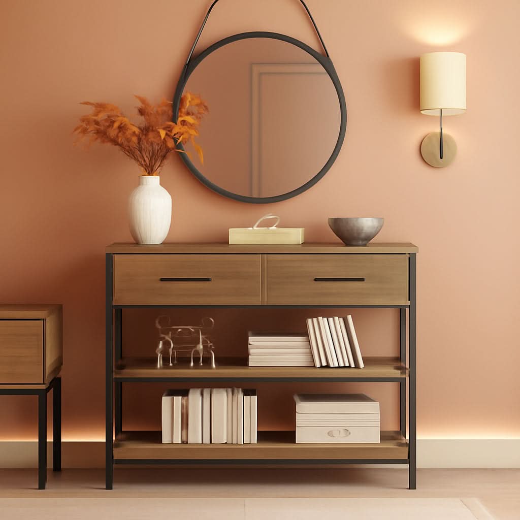 Rustic Brown Industrial Console Table With Storage Shelves