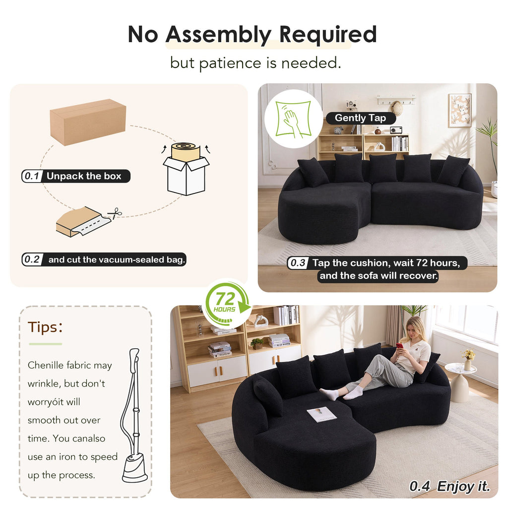 Sectional Sofa l Shaped with Curved Chaise Black Chenille Sleeper