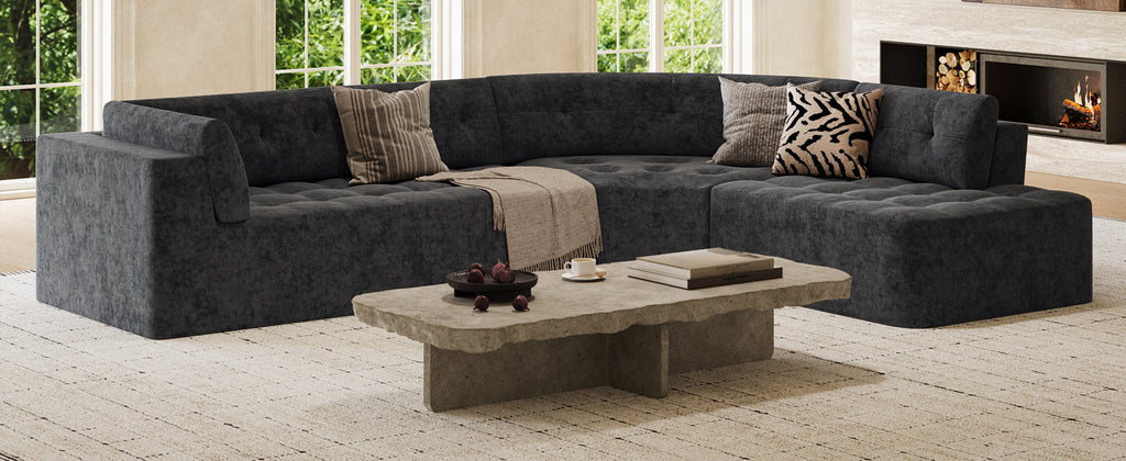 Sectional Sofa Curved L-Shape Chenille Gray 4 Seat 119 In Tufted