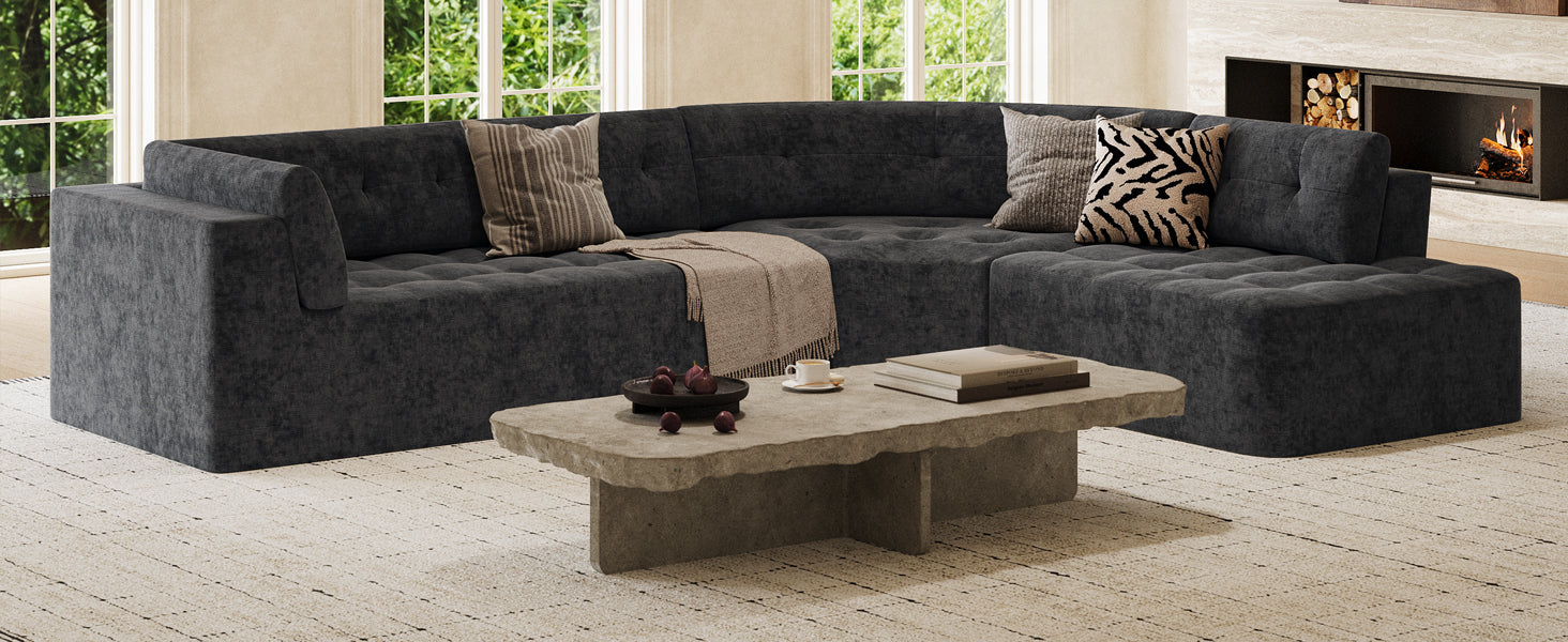 Sectional Sofa Curved L-Shape Chenille Gray 4 Seat 119 In Tufted