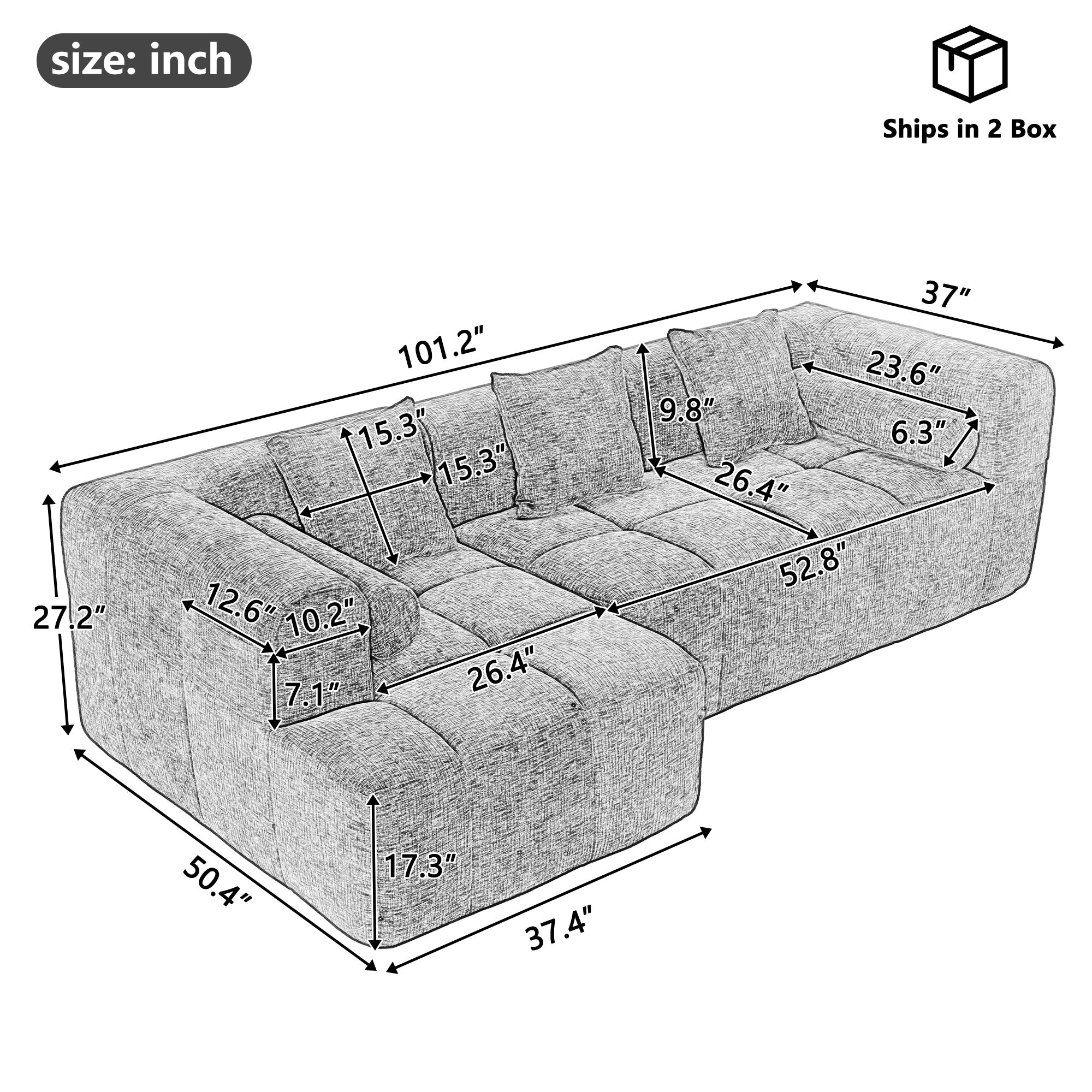 Modern Modular Sectional Sofa with Deep Seating, Green Chenille Fabric, 101.2'