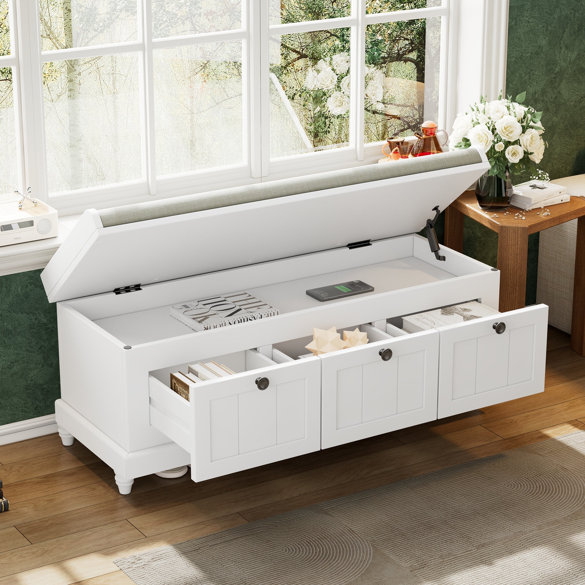 Entry Bench Fluted MDF White Cushioned Seat 3 Drawers 44x16x19 In 220 LB