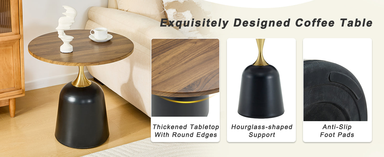 23.6 in Round Side Table, Metal Base, Walnut Wood Grain, Living Room Office