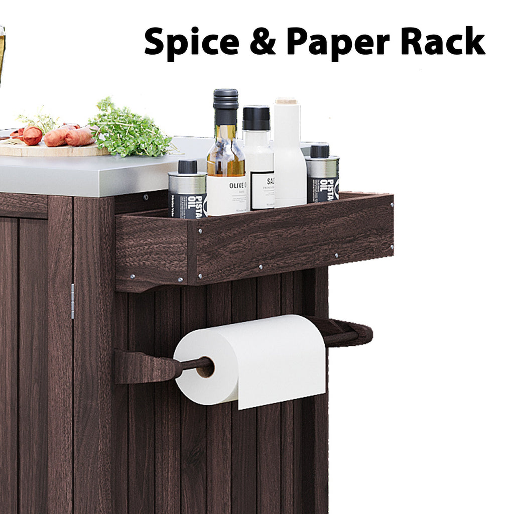 Outdoor Kitchen Island Grill Cart Fir Wood Stainless Steel Top 66.5x23x34 In