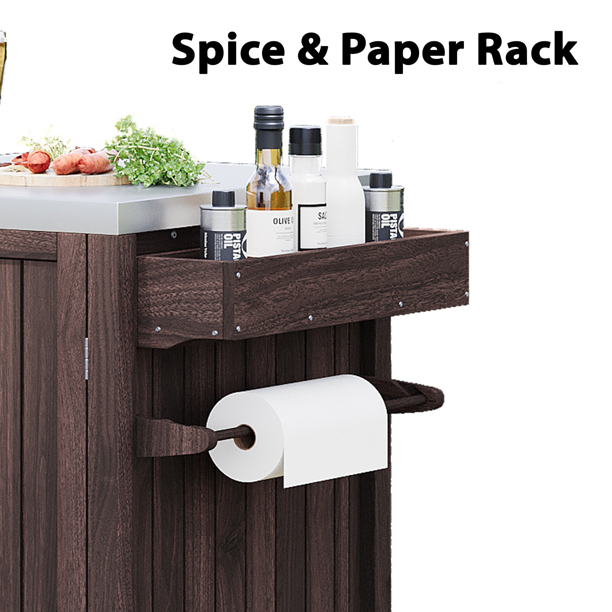 Outdoor Kitchen Island Grill Cart Fir Wood Stainless Steel Top 66.5x23x34 In