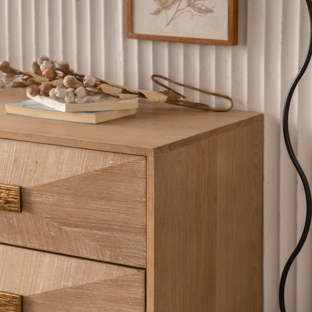 Chest Modern 6-Drawer Natural Wood Geometric Diamond Gold Legs 47.24 In