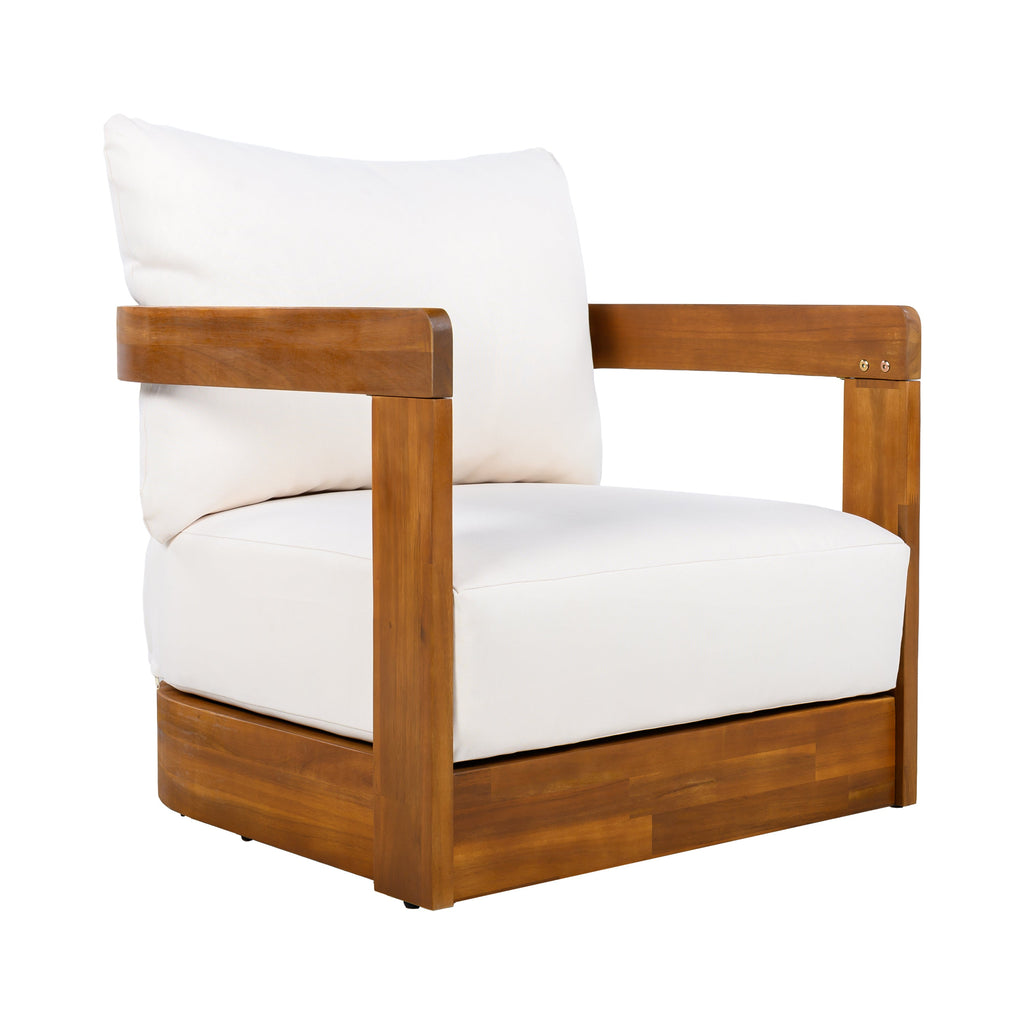 Outdoor Club Chair Acacia Wood Tub Shape Teak Beige Cushion