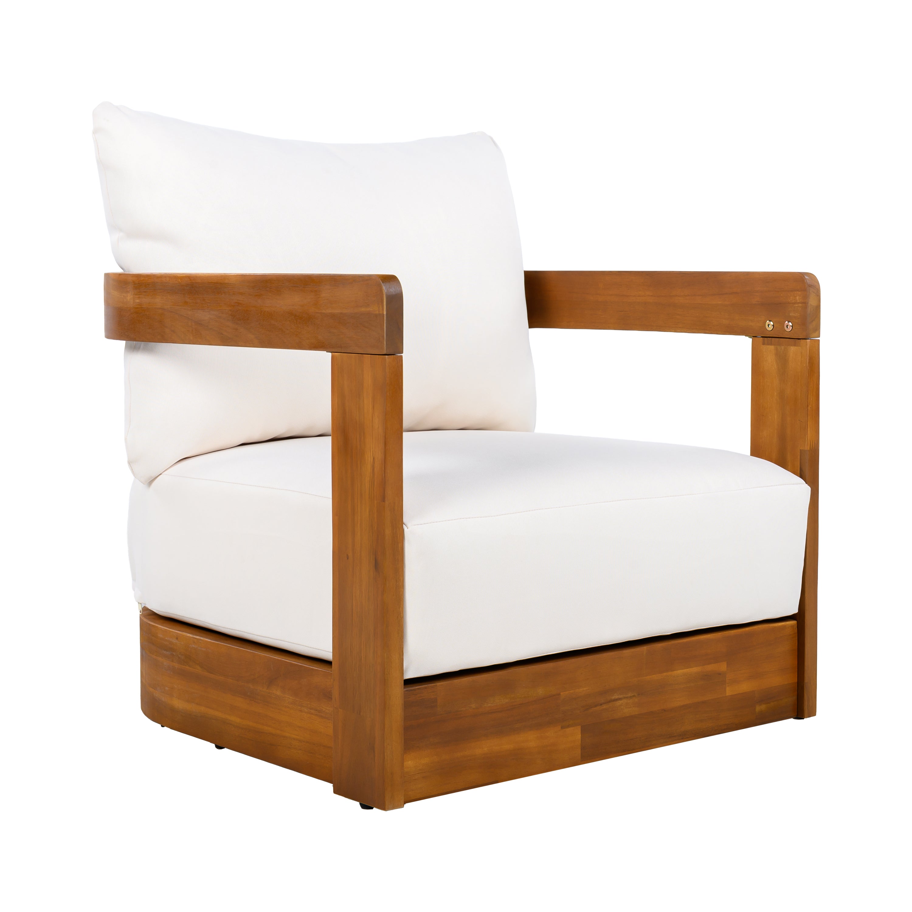 Outdoor Club Chair Acacia Wood Tub Shape Teak Beige Cushion