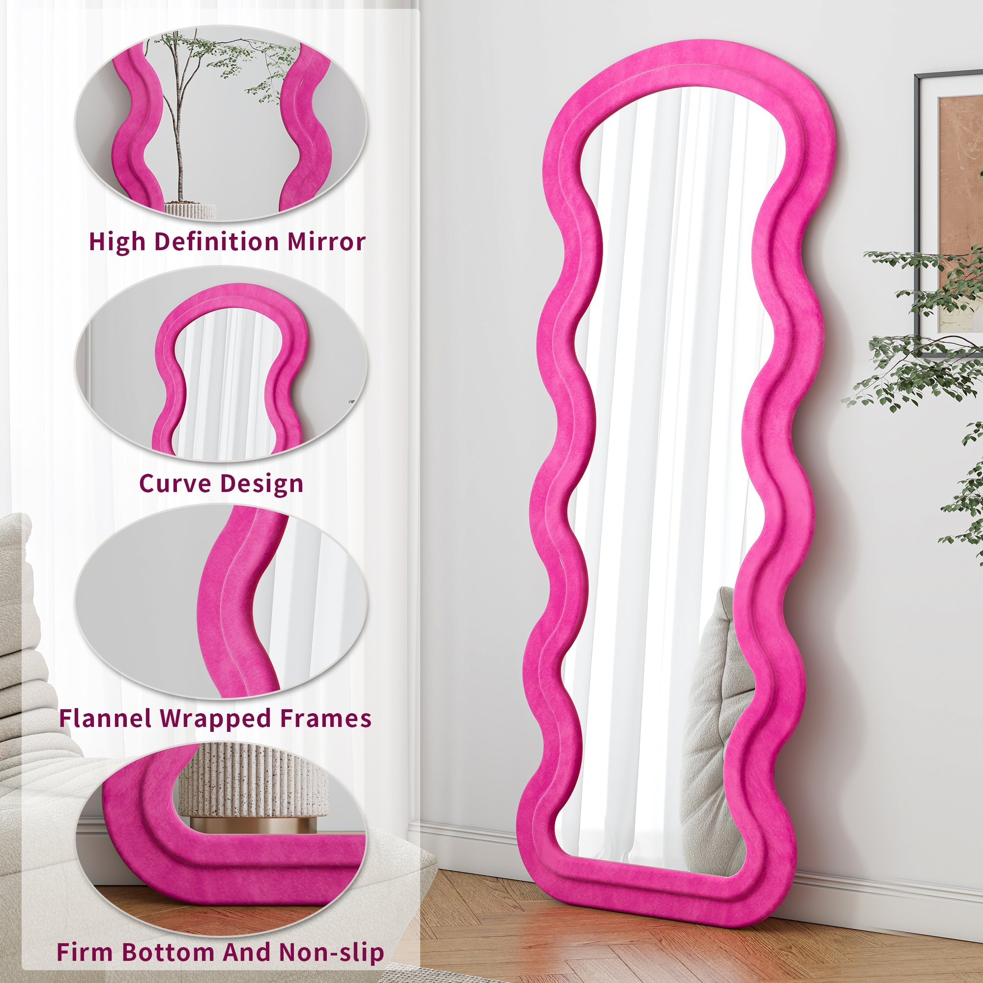 Floor Standing Full Length Mirror Wave Rose Bedroom Living Room Large