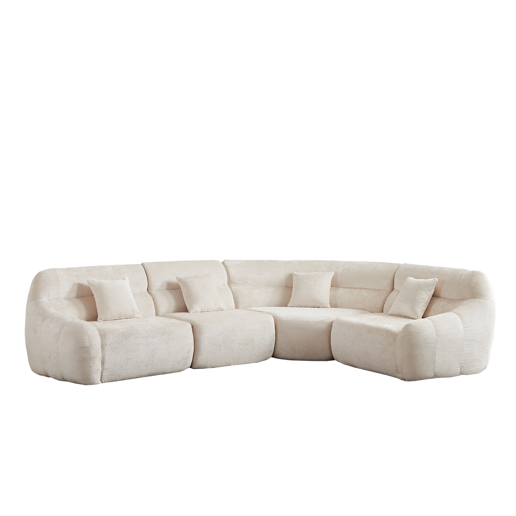 Sectional Sofa Curved Beige Chenille 123.2 Inch Four Pillows No Assembly