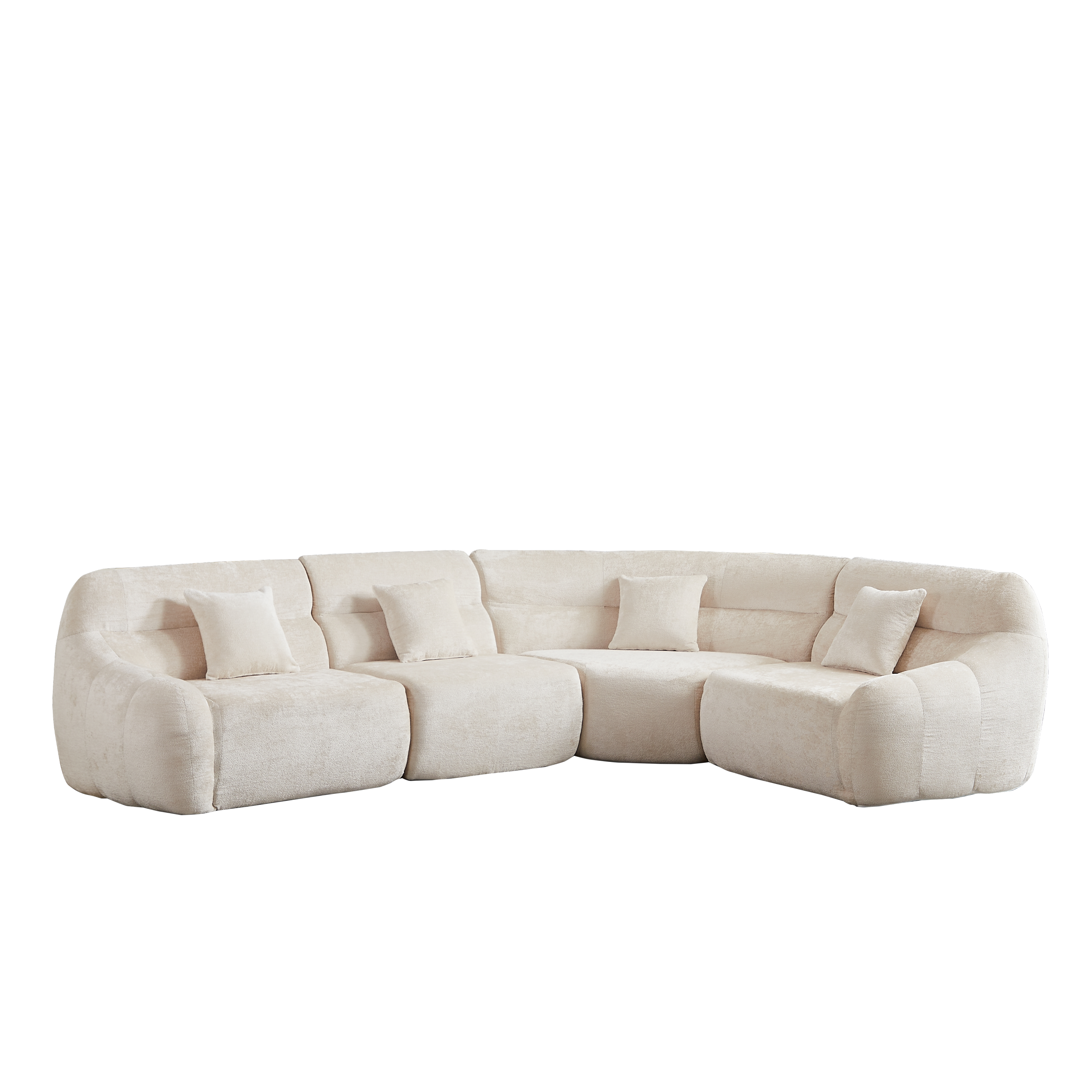 Sectional Sofa Curved Beige Chenille 123.2 Inch Four Pillows No Assembly