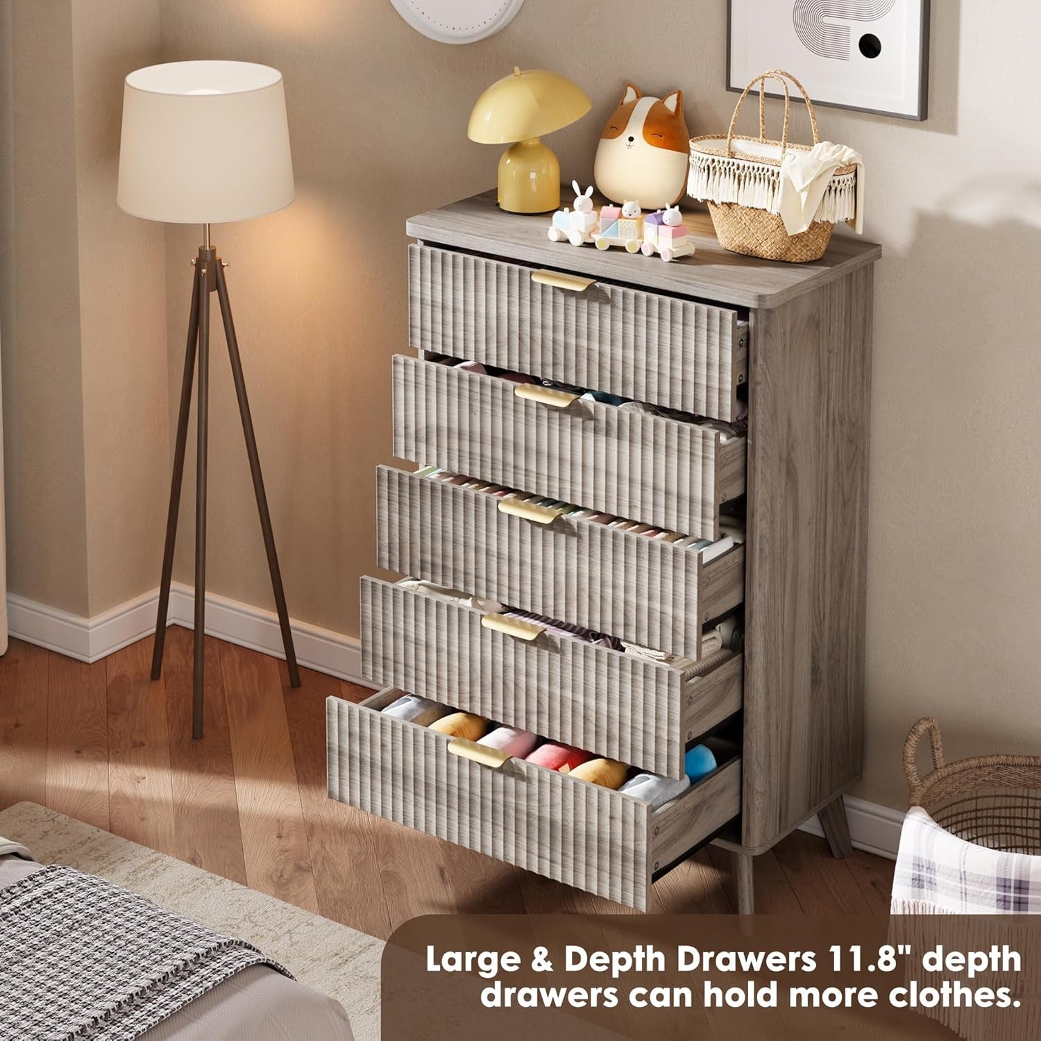 Grey Fluted Contemporary Five Drawer Bedroom Dresser