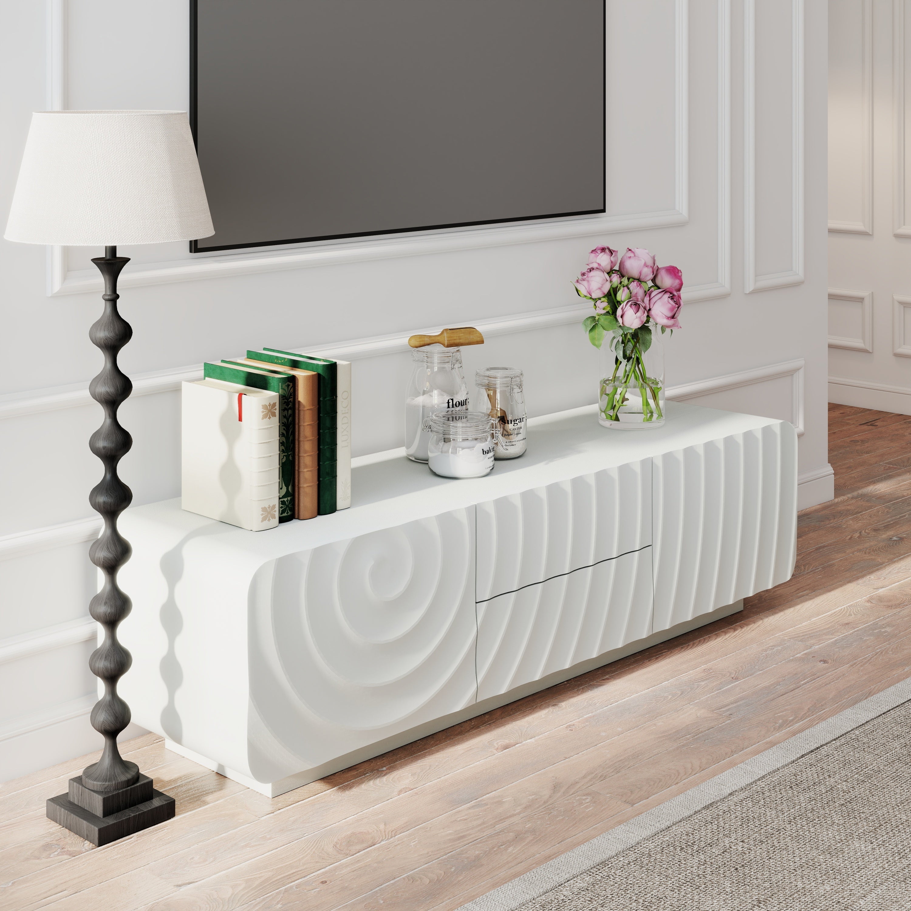 TV Stand Spiral Wave White MDF Floating Base Fits 60 In TV 58.3 In