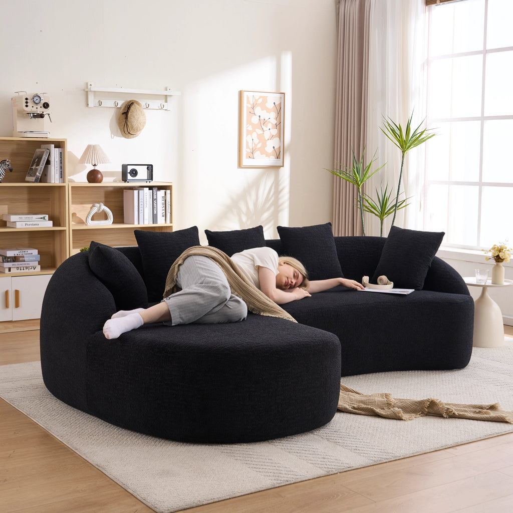 Sectional Sofa l Shaped with Curved Chaise Black Chenille Sleeper