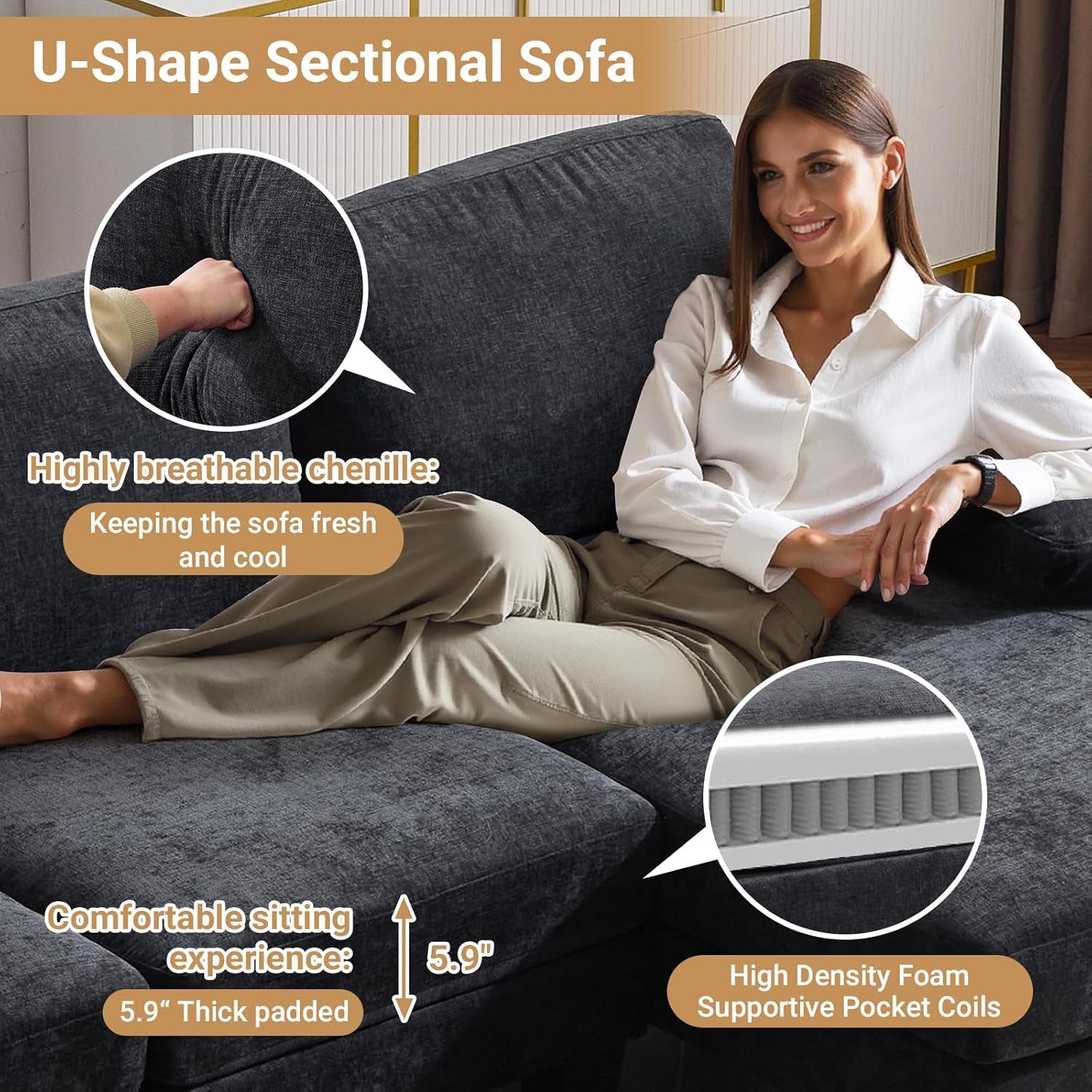 110 Inch U Shaped Sectional Couch For Living Room With Double Chaise In Chenille Fabric Black