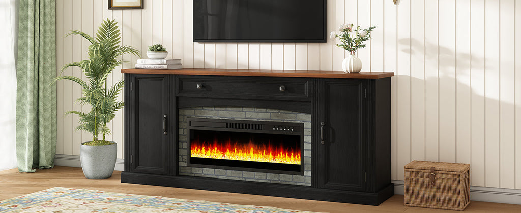 TV Stand Fireplace Black MDF Walnut Top Gray Brick 1400W Fits 70 In TV 66.9 In
