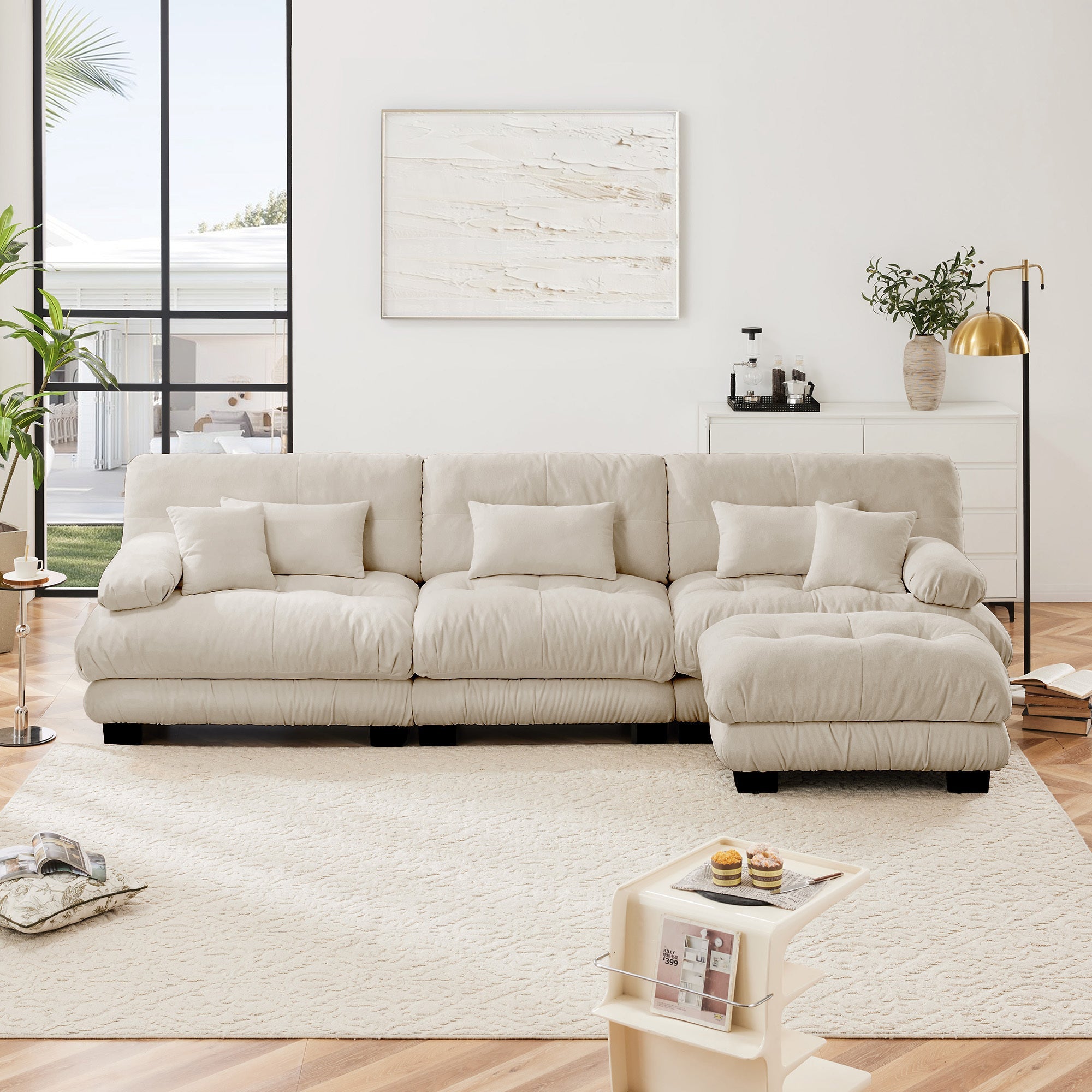 Sectional Sofa L-Shaped Chenille Light Coffee Convertible Ottoman