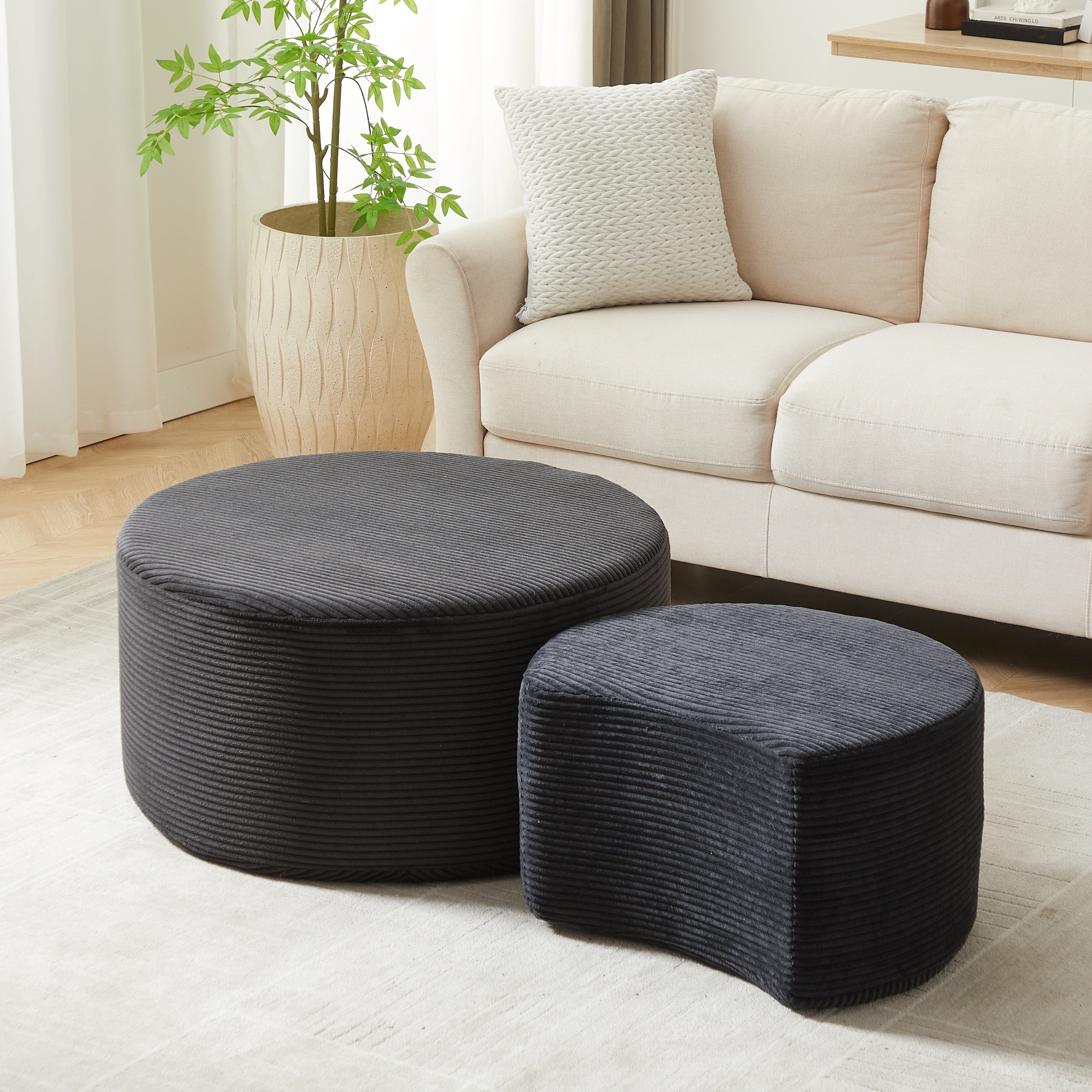 Upholstered Round Coffee Table Set of 2, Black Corduroy Fabric, No Assembly