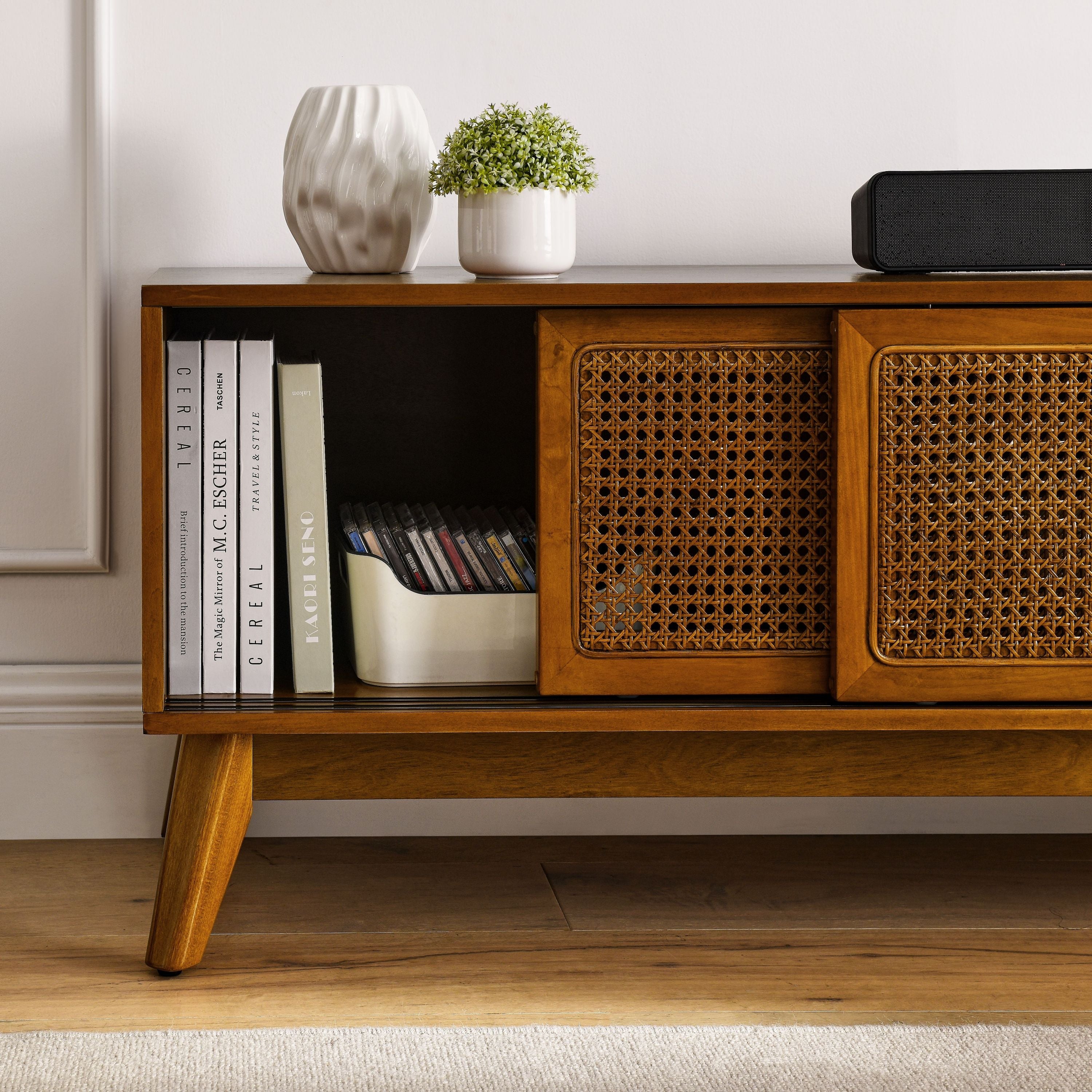 TV Stand Mid-Century Boho Rattan MDF Brown Ebony Sliding Door Fits 65 In TV