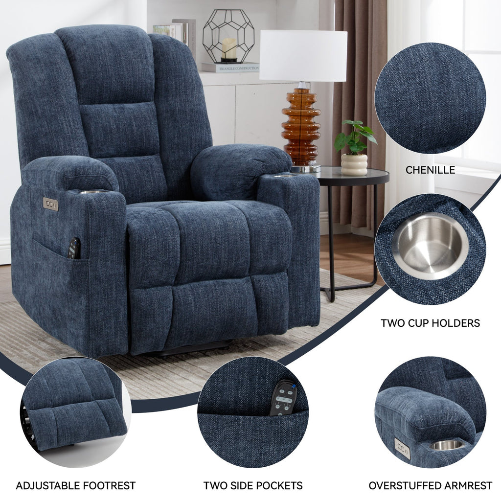 Power Lift Recliner Chair Heat Massage USB Cup Holders, Blue