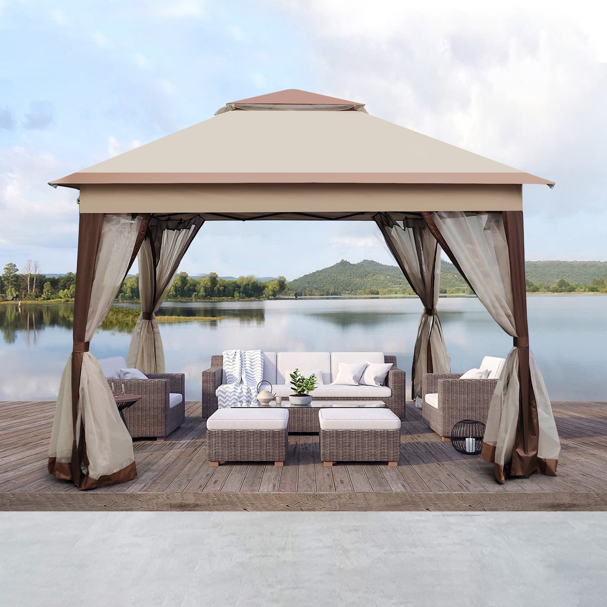Canopy Gazebo Steel Coffee Pop-Up 11x11 Ft Double-Tier Mesh Sidewalls UV