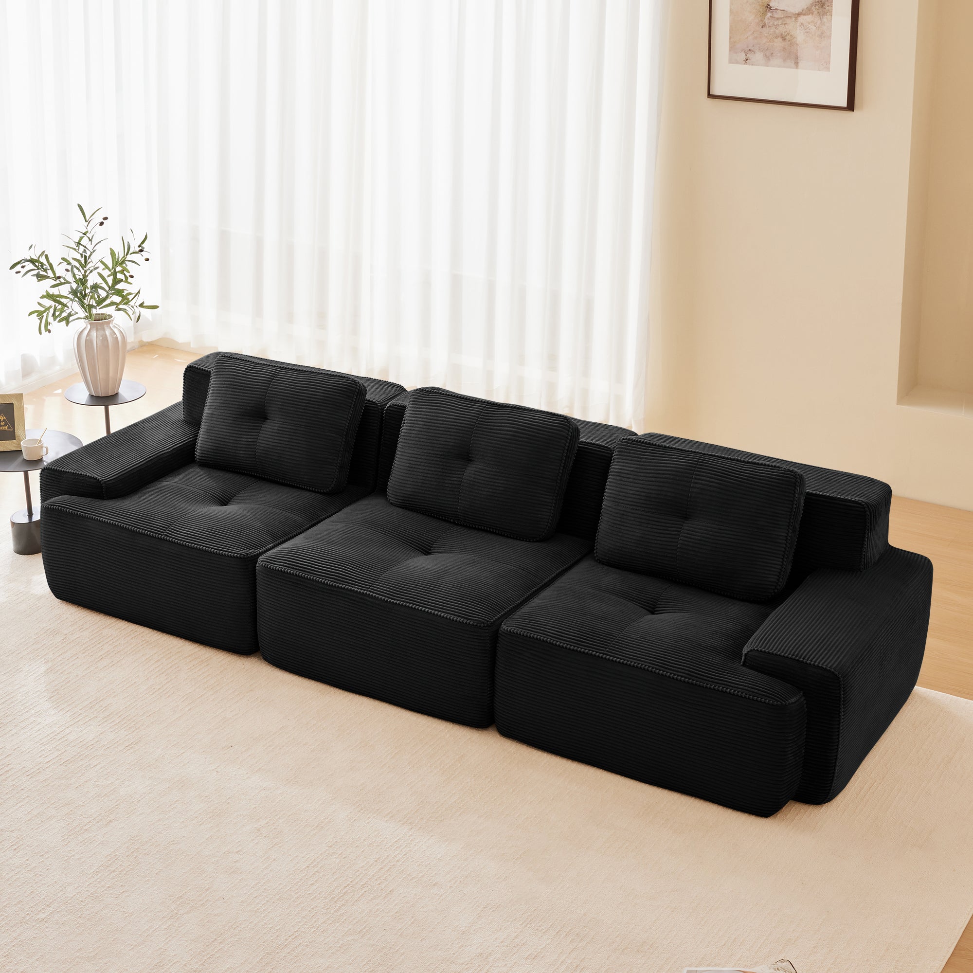 Sectional Sofa Modular Corduroy Black 3 Seater Tufted