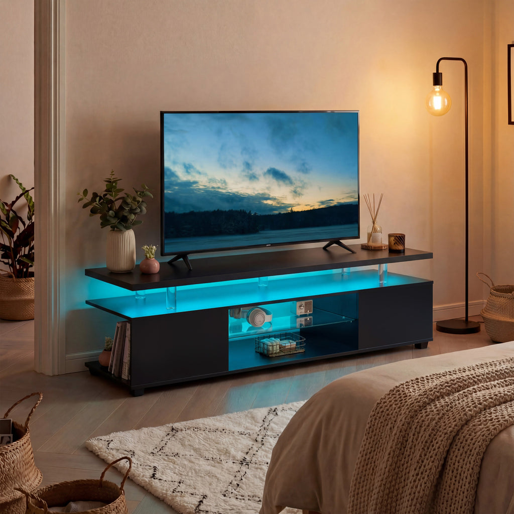 TV Stand Gaming LED Black Engineered Wood Fits 70 In TV 63x16x21 In