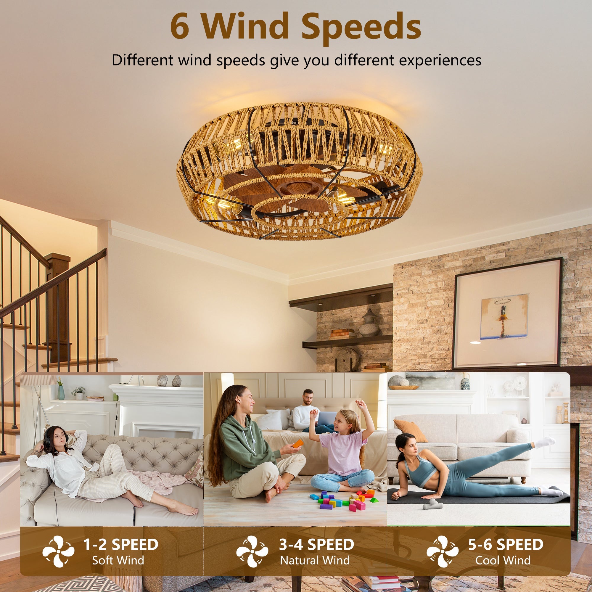 Ceiling Fan Caged Boho Flush Mount with Light Remote 6 Speed 19 In