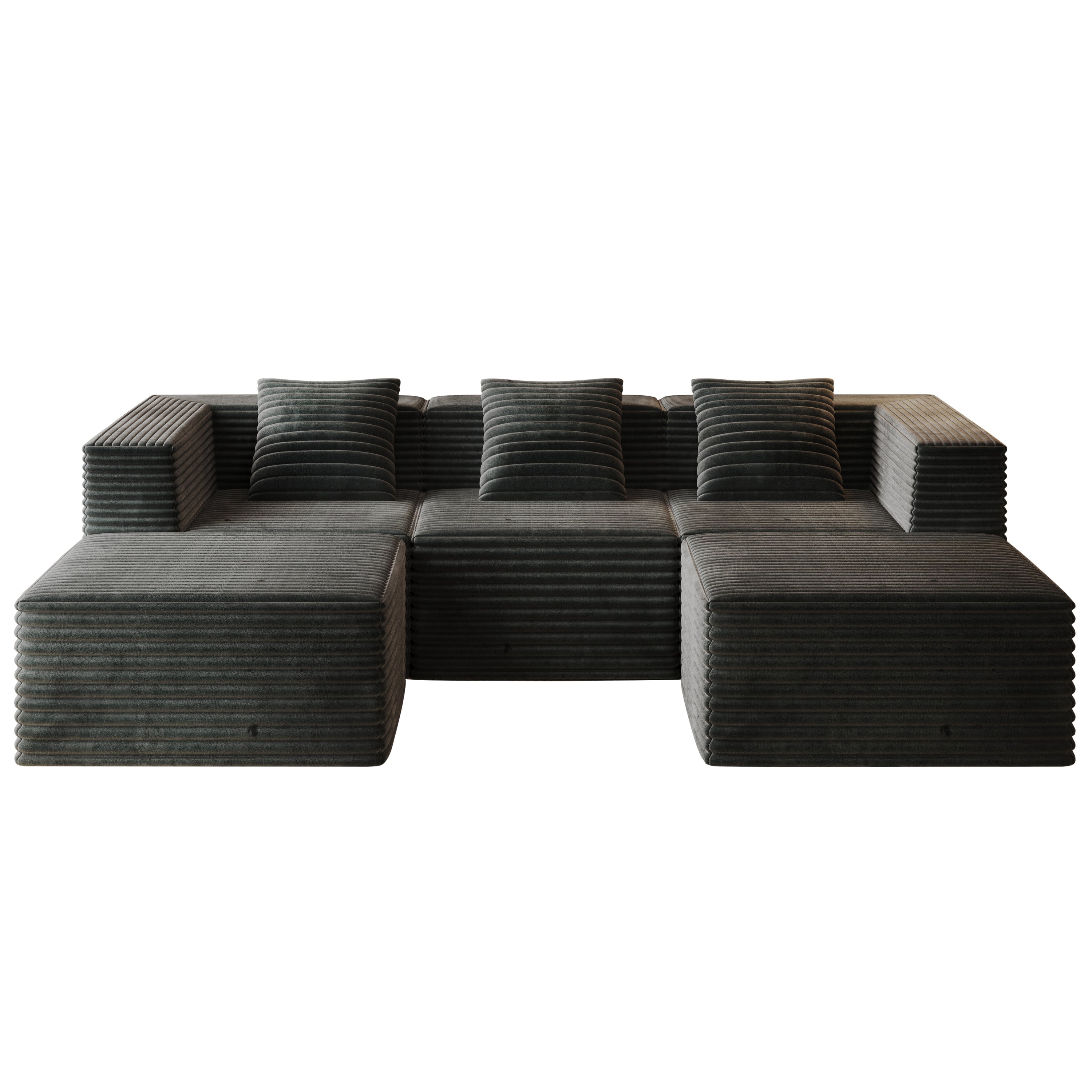 Sectional Sofa Modern Grey Modular Three Seater with Two Ottomans Deep Seat