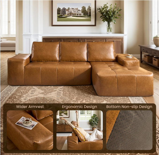 Sectional Sofa L-Shaped Modular Brown Faux Leather with Chaise