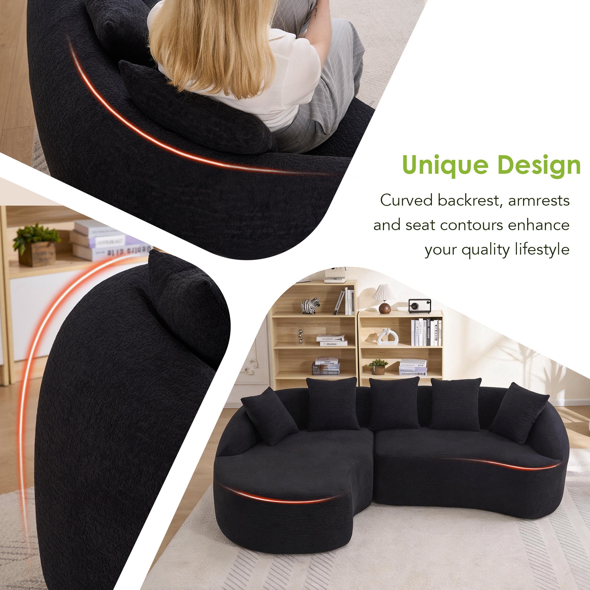 Sectional Sofa l Shaped with Curved Chaise Black Chenille Sleeper