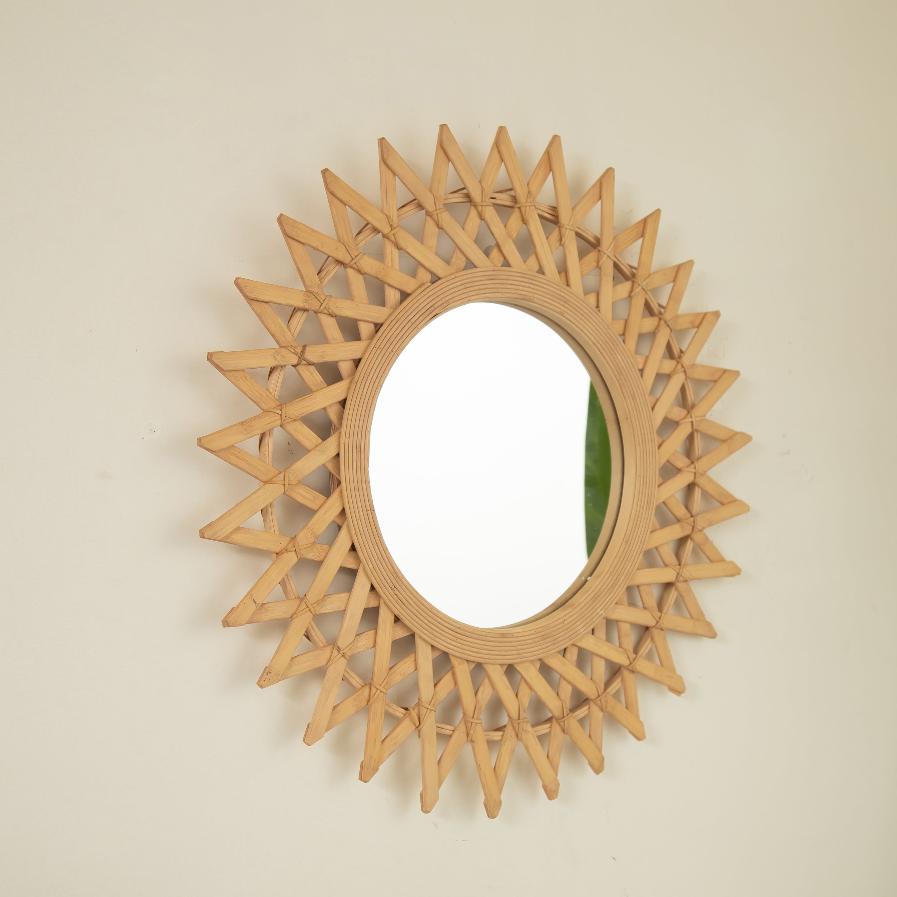 Wall Mounted Circle Mirror Boho Bamboo Natural 24x24 Inch Bedroom