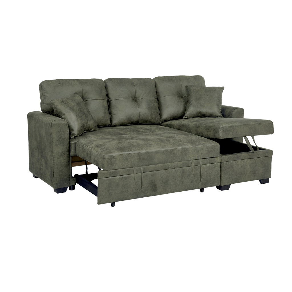 Sectional Sofa l Shaped Olive Green Fabric Sleeper with Small Space Solution