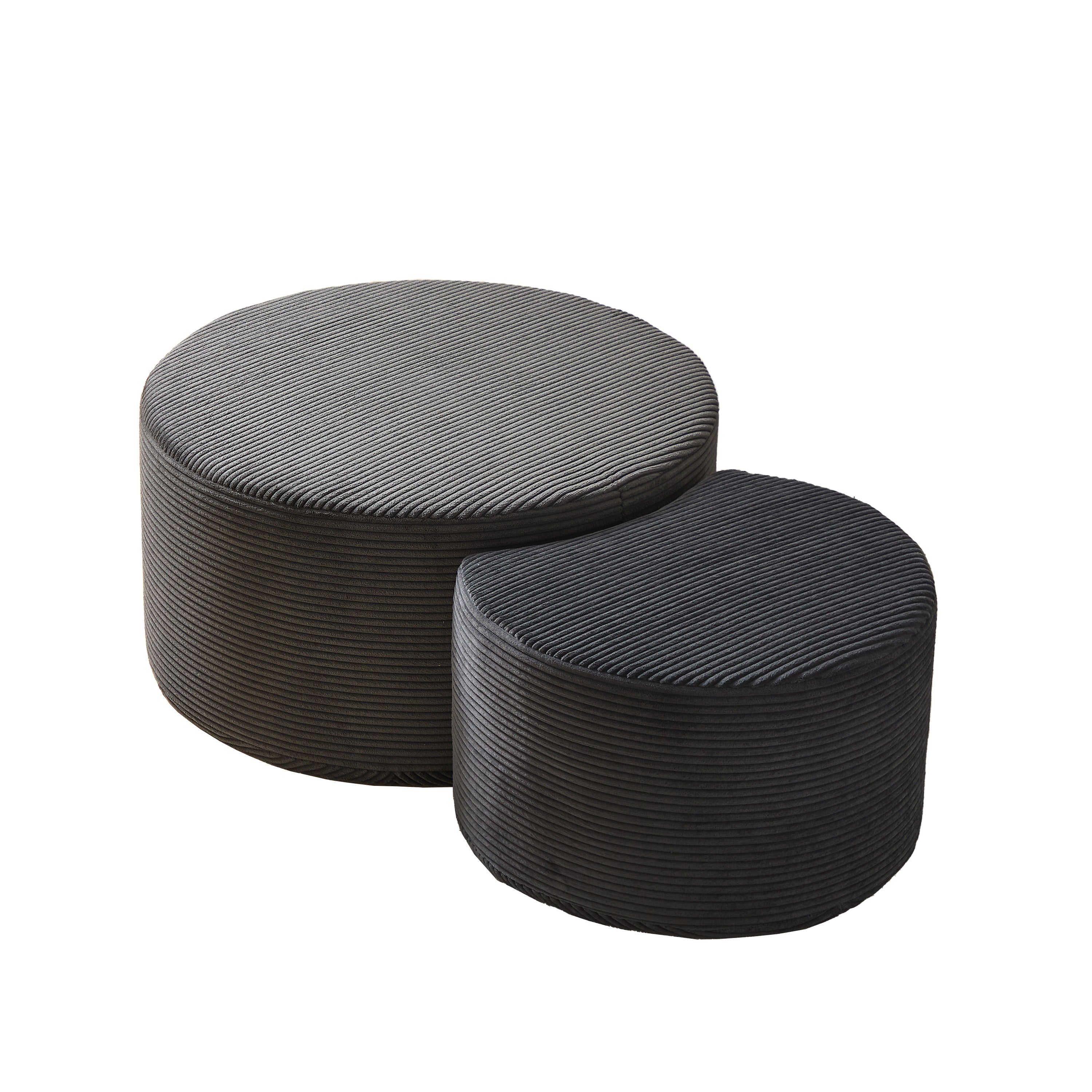 Upholstered Round Coffee Table Set of 2, Black Corduroy Fabric, No Assembly