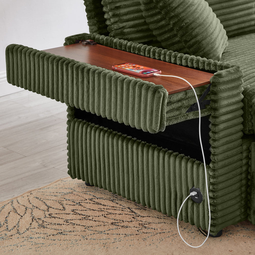 Sectional Sofa L-Shape Corduroy Green Storage Chaise 2 Ottomans USB 69 In