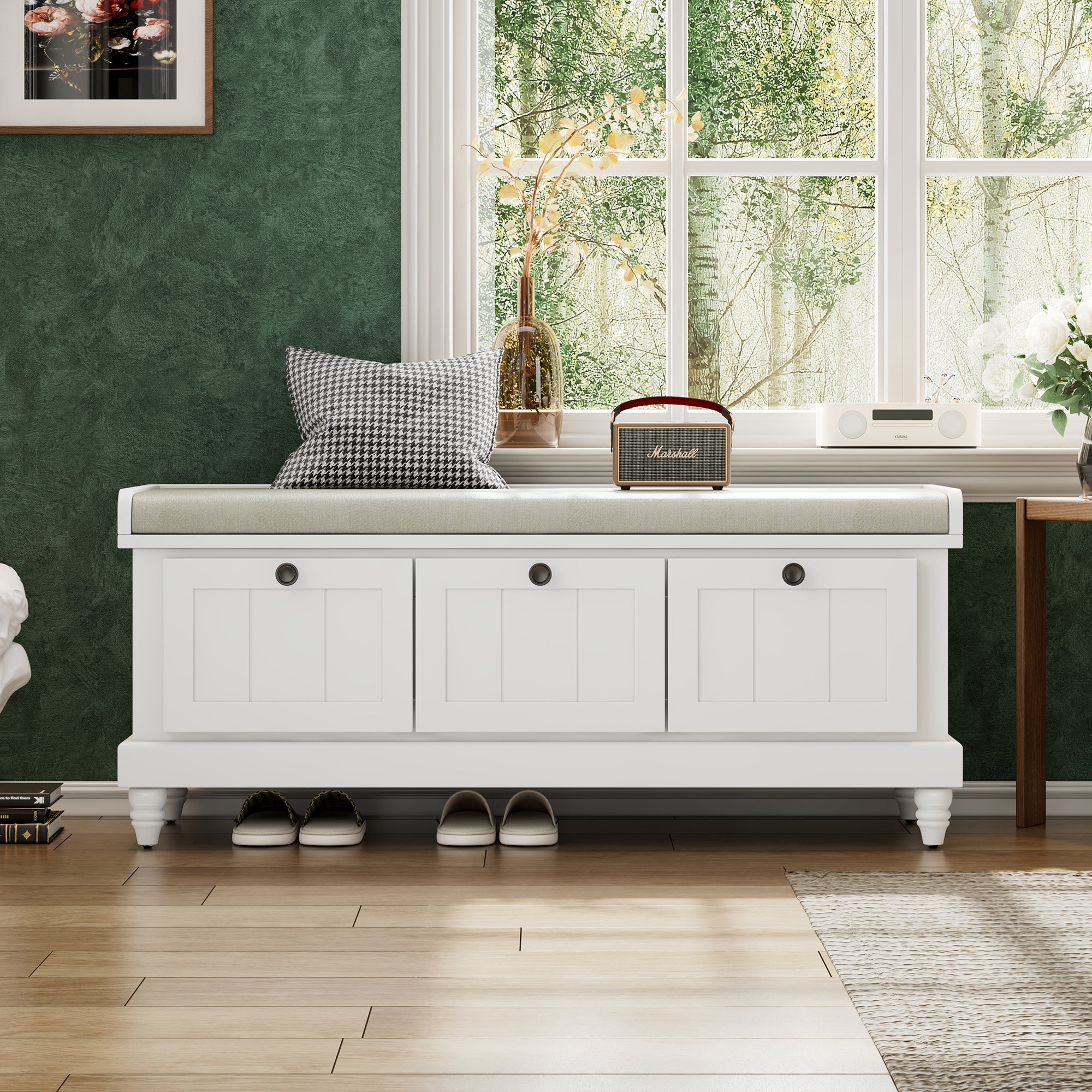 Entry Bench Fluted MDF White Cushioned Seat 3 Drawers 44x16x19 In 220 LB