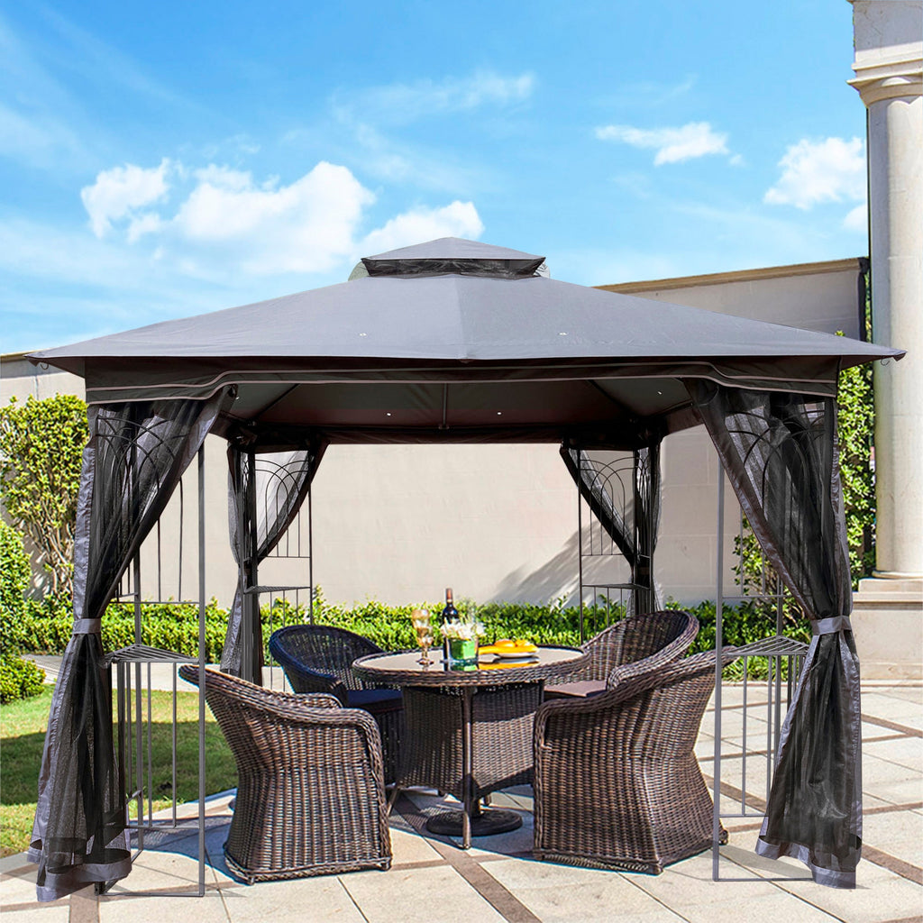 Gazebo Steel Gray 10x10 Ft Double Vented Roof Mesh Sidewalls UV-Resistant
