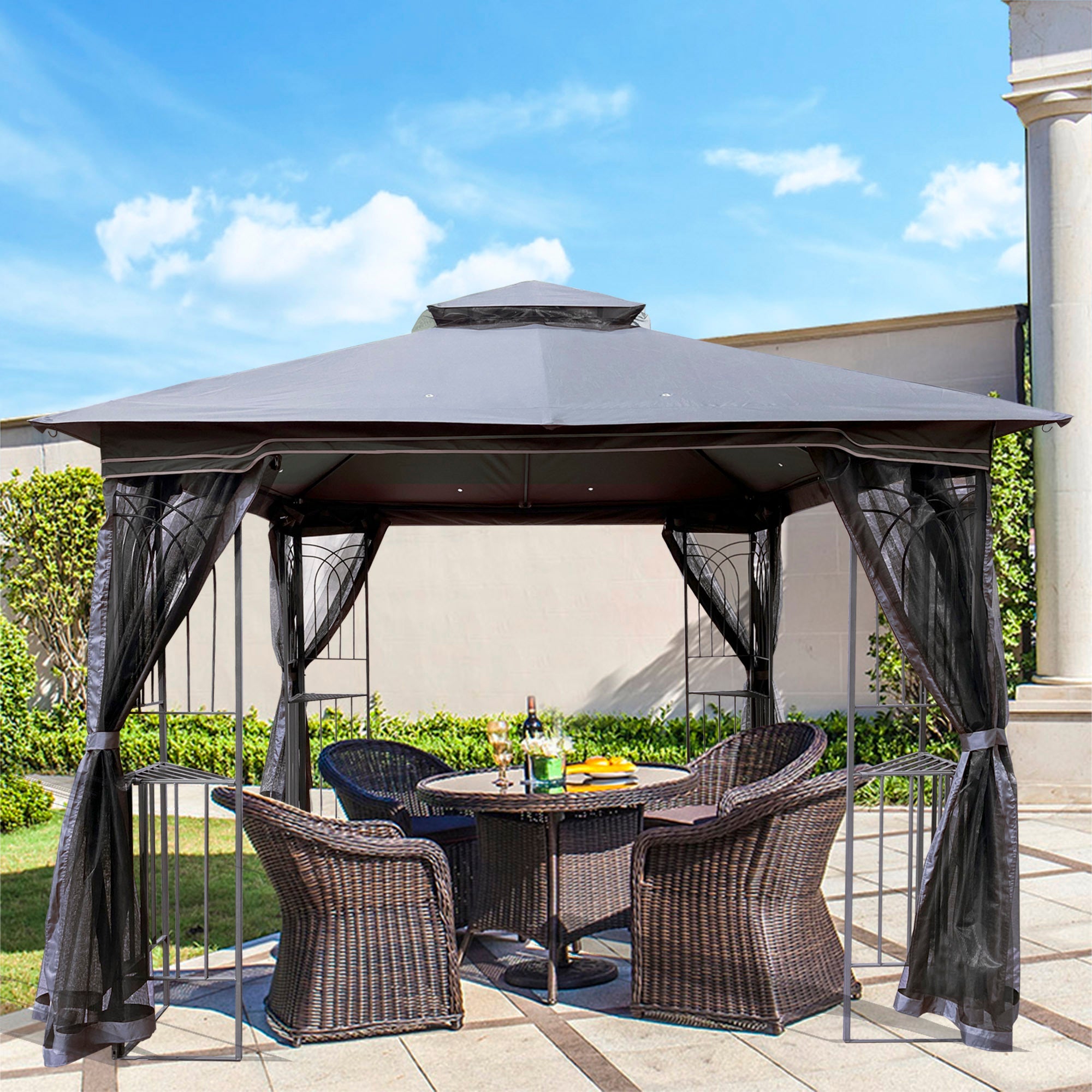 Gazebo Steel Gray 10x10 Ft Double Vented Roof Mesh Sidewalls UV-Resistant