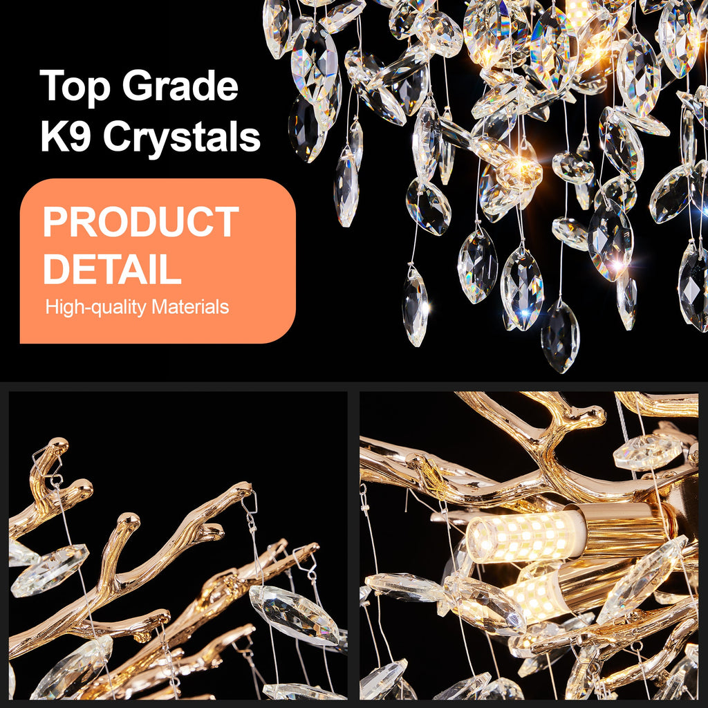 Chandelier Tree Branch Crystal Gold 7-Light Modern 18 In Living Dining