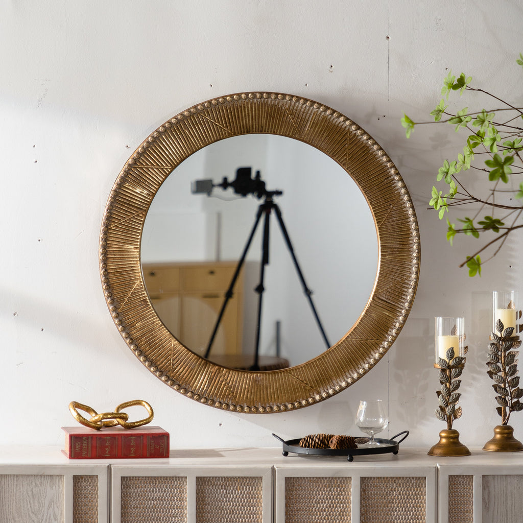 Wall Mirror Round Boho Gold Textured Iron Frame 31.3 Inch Living Room