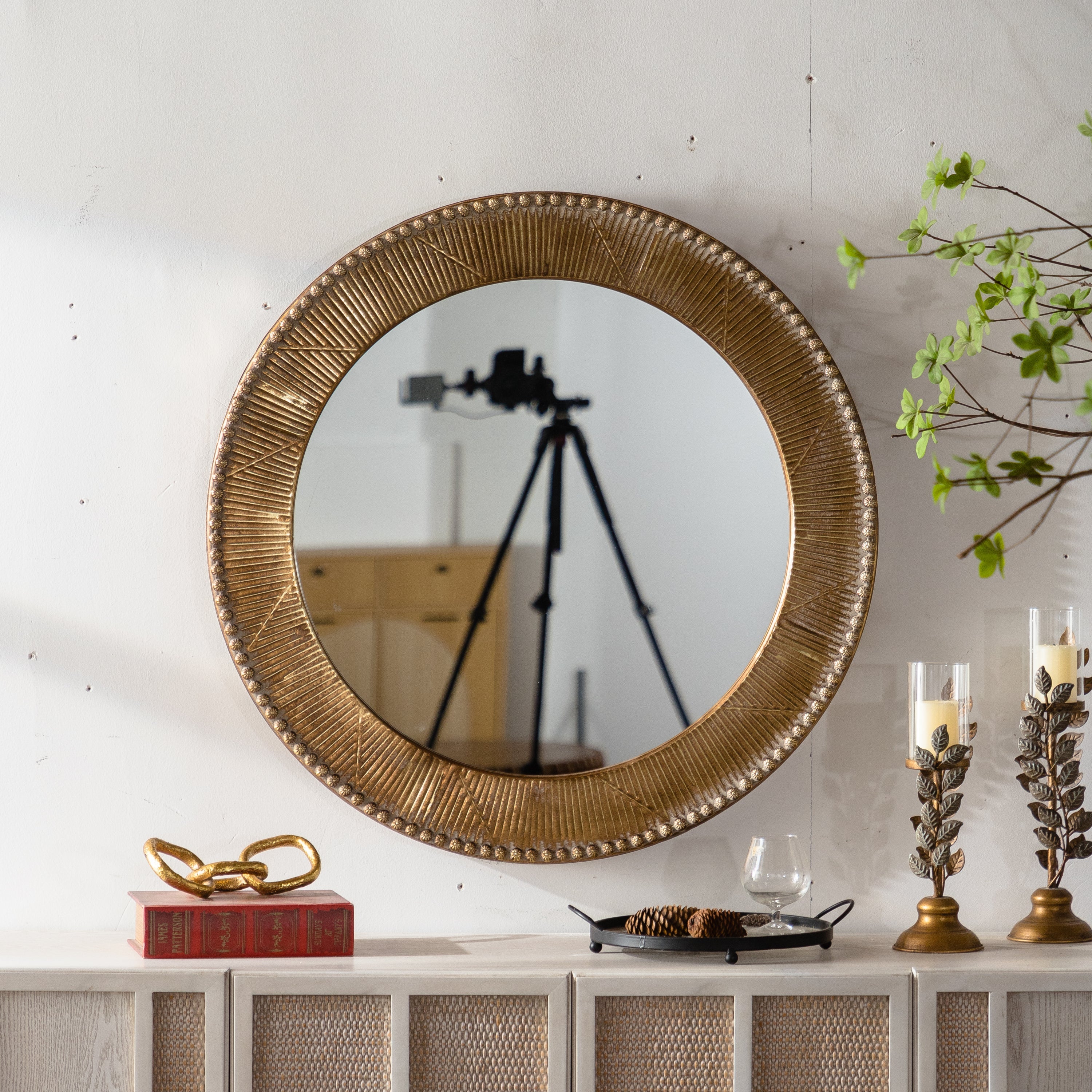Wall Mirror Round Boho Gold Textured Iron Frame 31.3 Inch Living Room