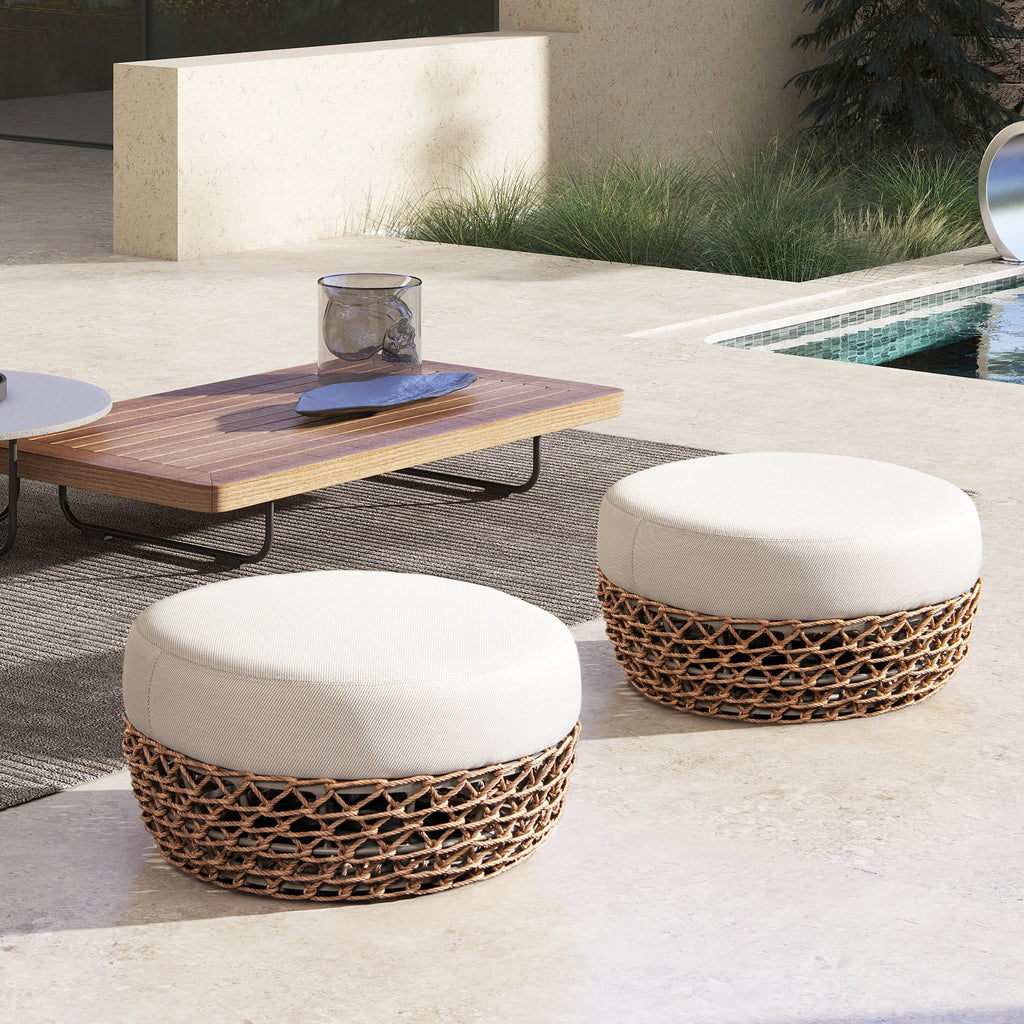 Outdoor Round Ottoman - Wheat Beige Cushion, Golden Brown Wicker Frame, 25in