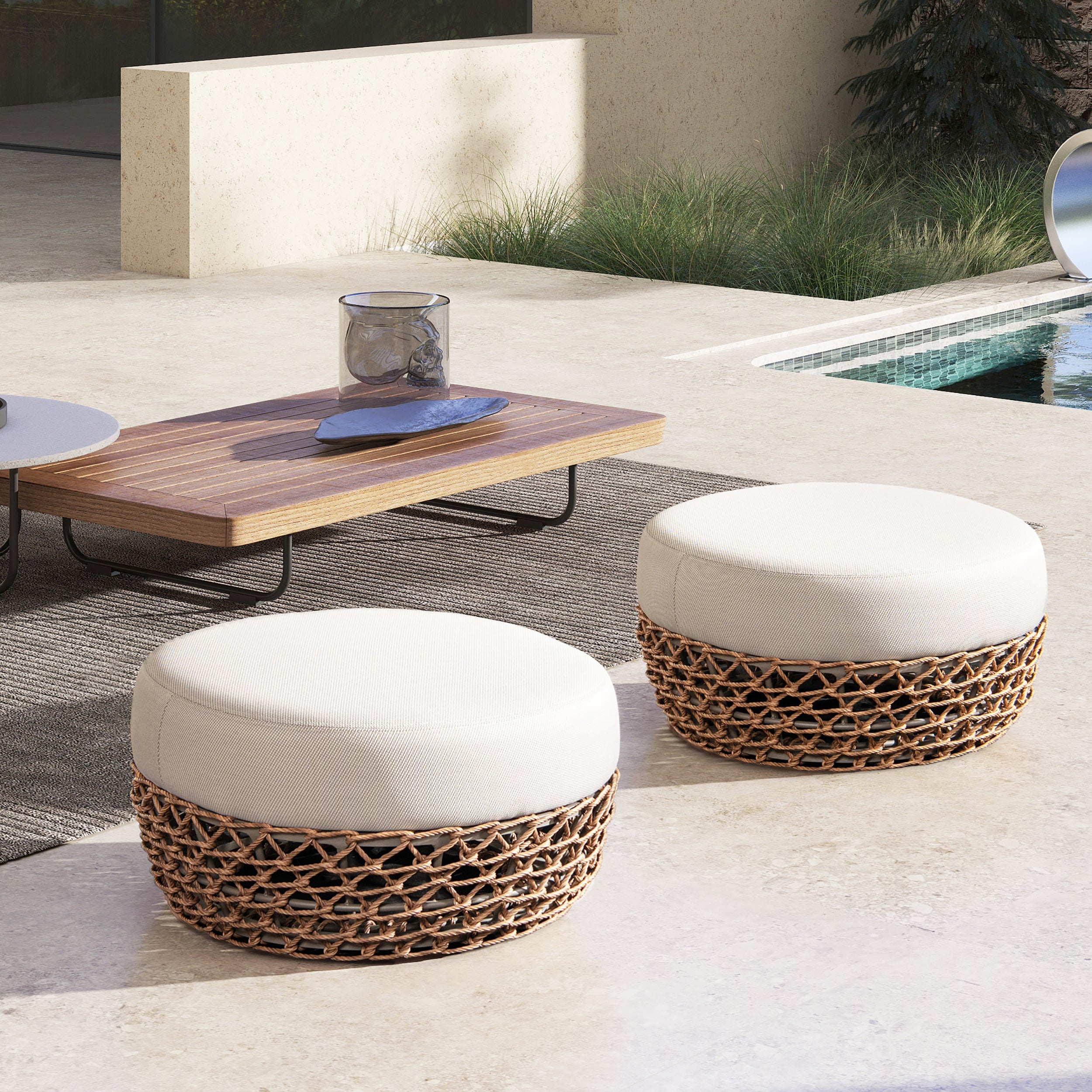 Outdoor Round Ottoman - Wheat Beige Cushion, Golden Brown Wicker Frame, 25in