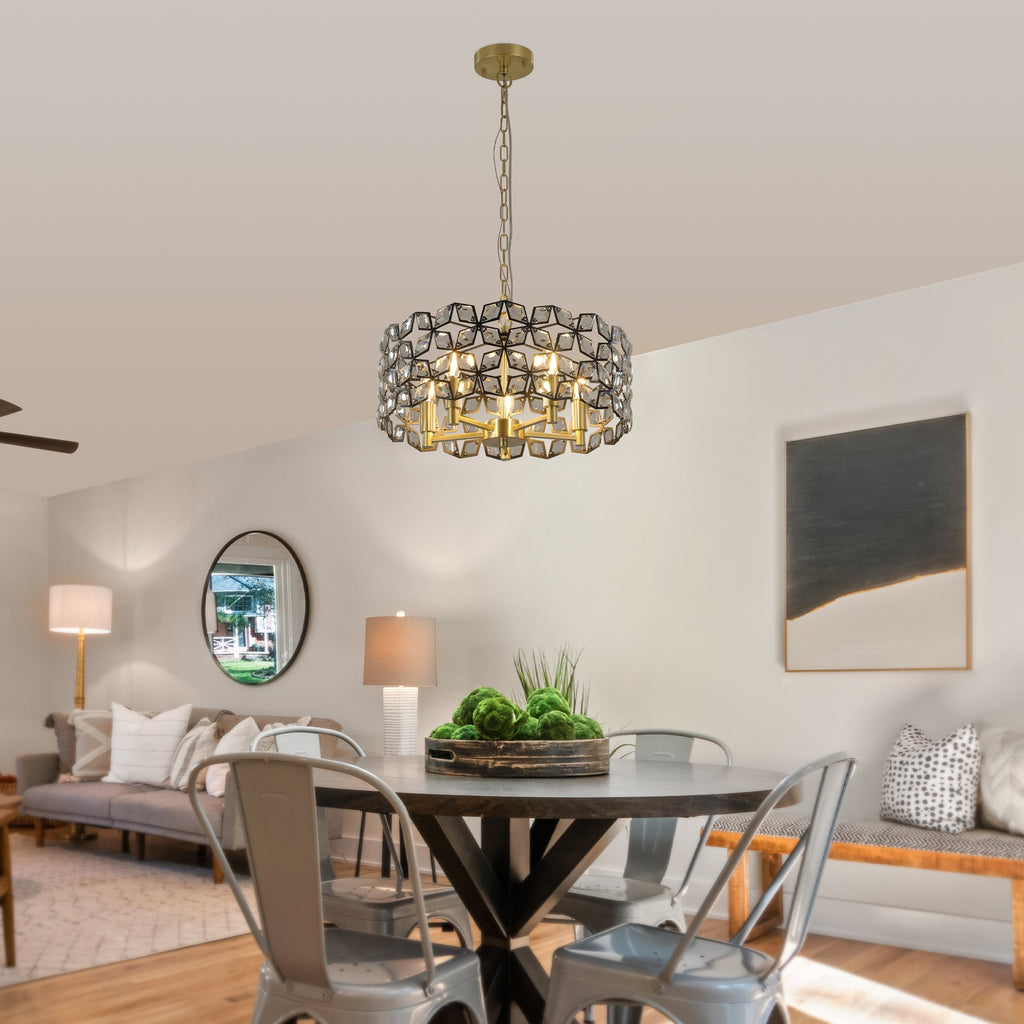 Chandelier Crystal Black Gold Round Pendant 5-Light Modern 19 In