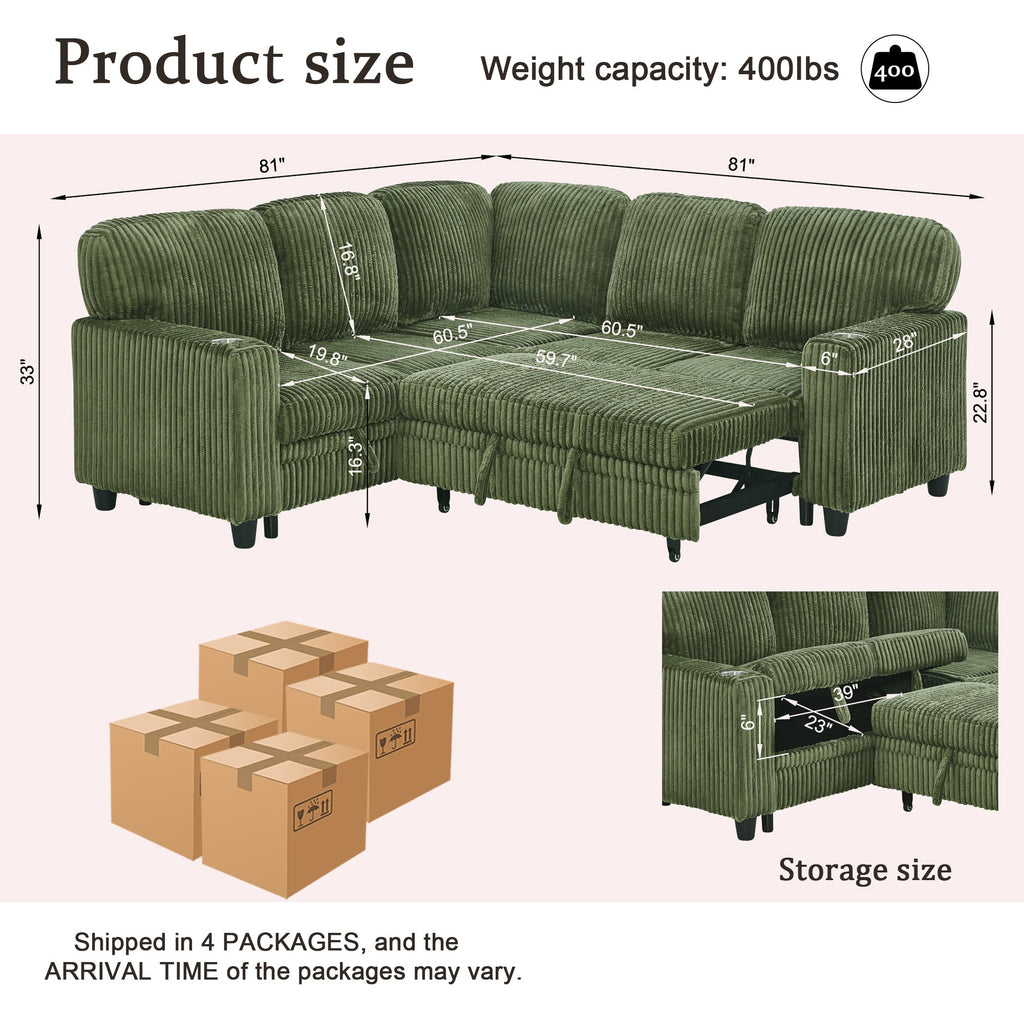 Sofa Bed L-Shape Corduroy Olive Green 5 Seat Pull-Out USB Ports 81 In