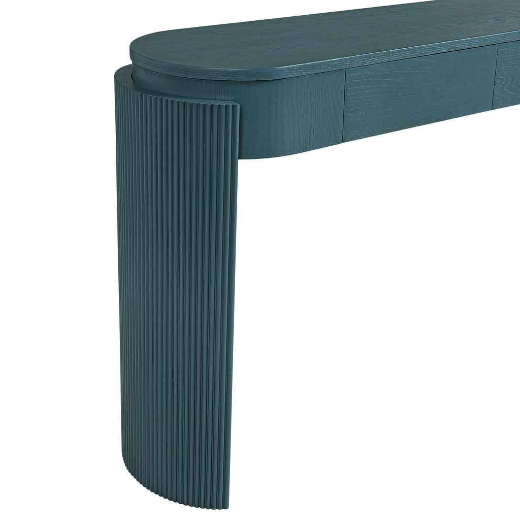 TREXM Entryway Table with Natural Wood Grain Finish, Console Table with Fluted Design, Oval Top and 2 Drawers for Entryway and Living Room (Navy)