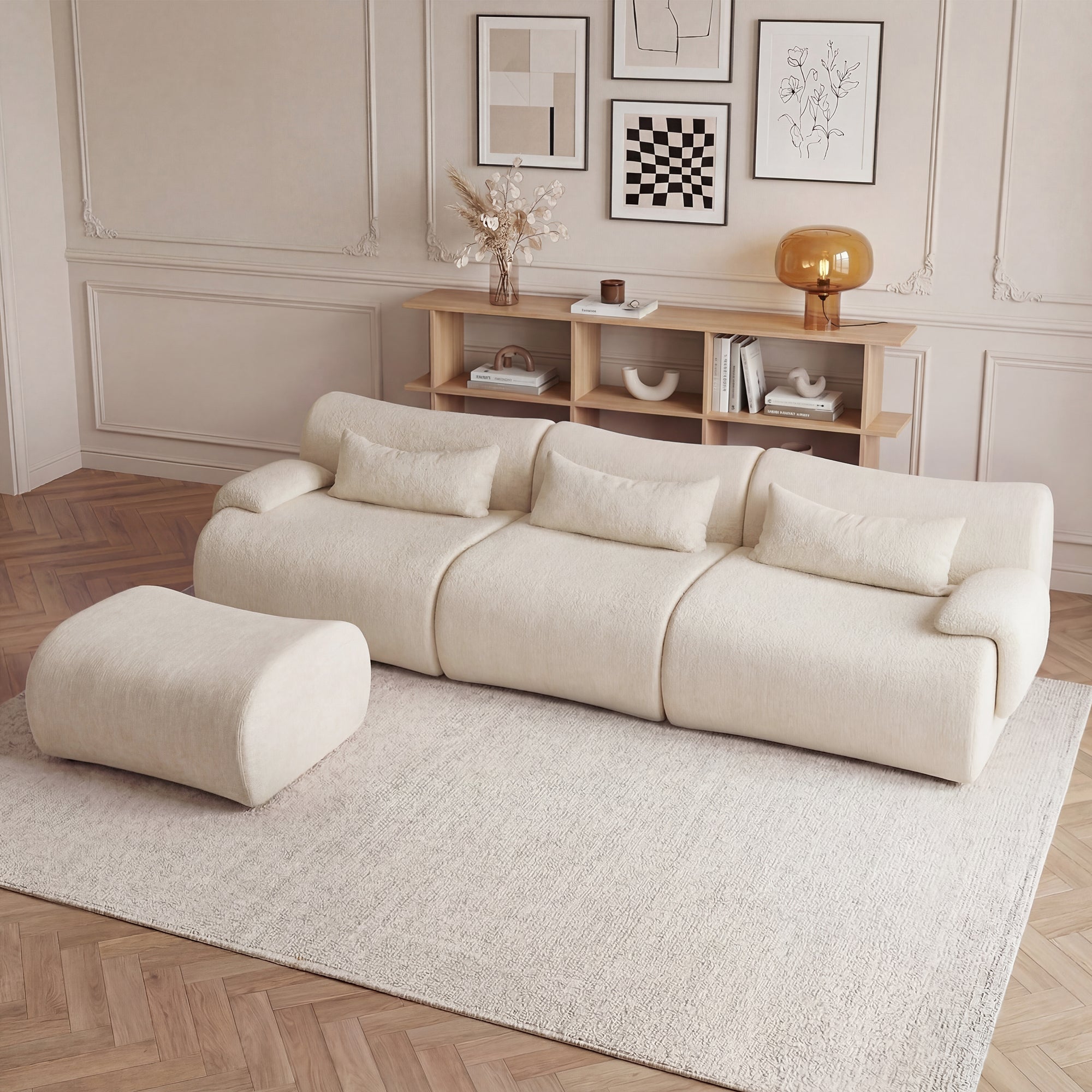 Sofa Curved White 3 Seater with Anti Slip No Assembly Chaise